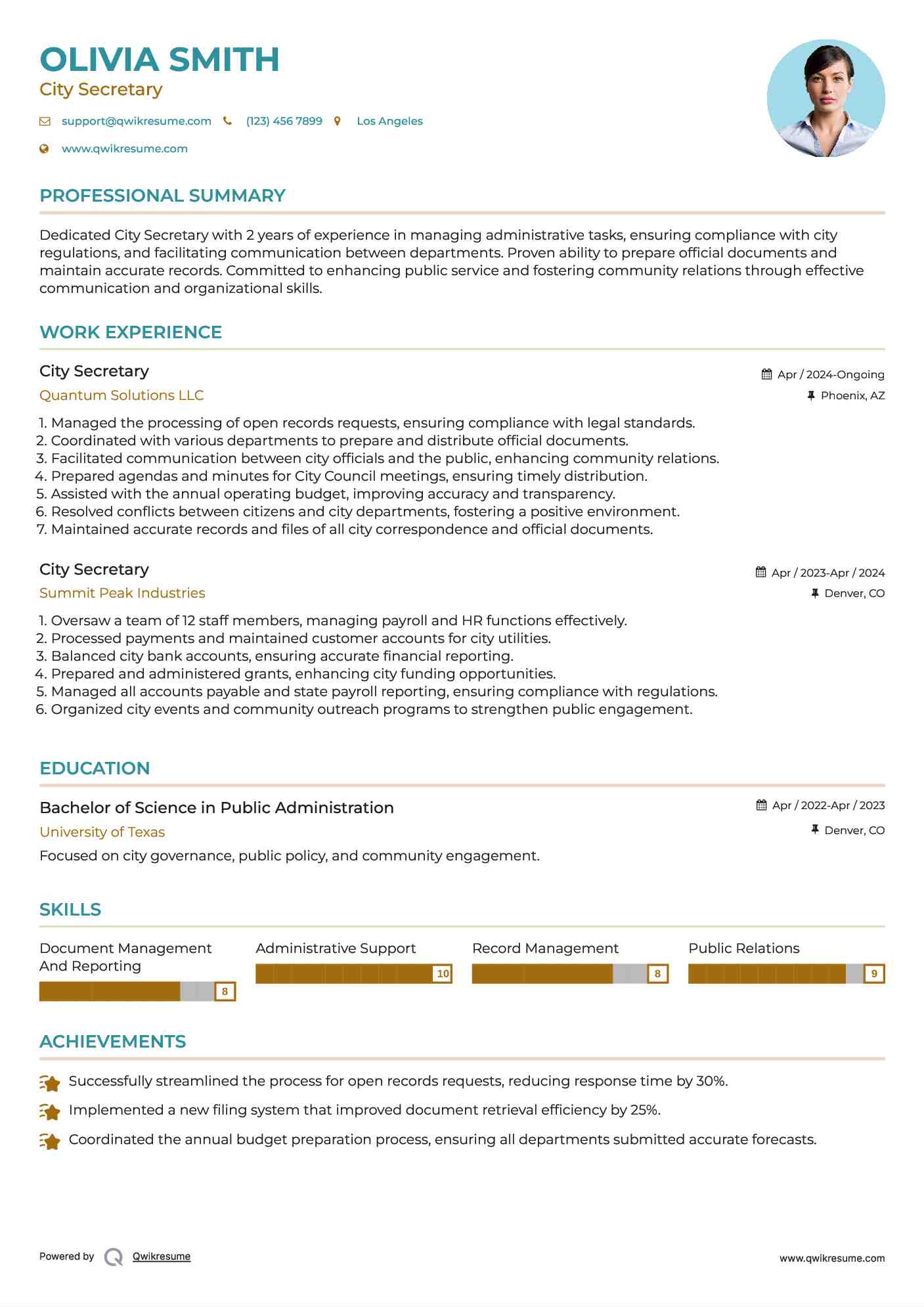 City Secretary Resume Example