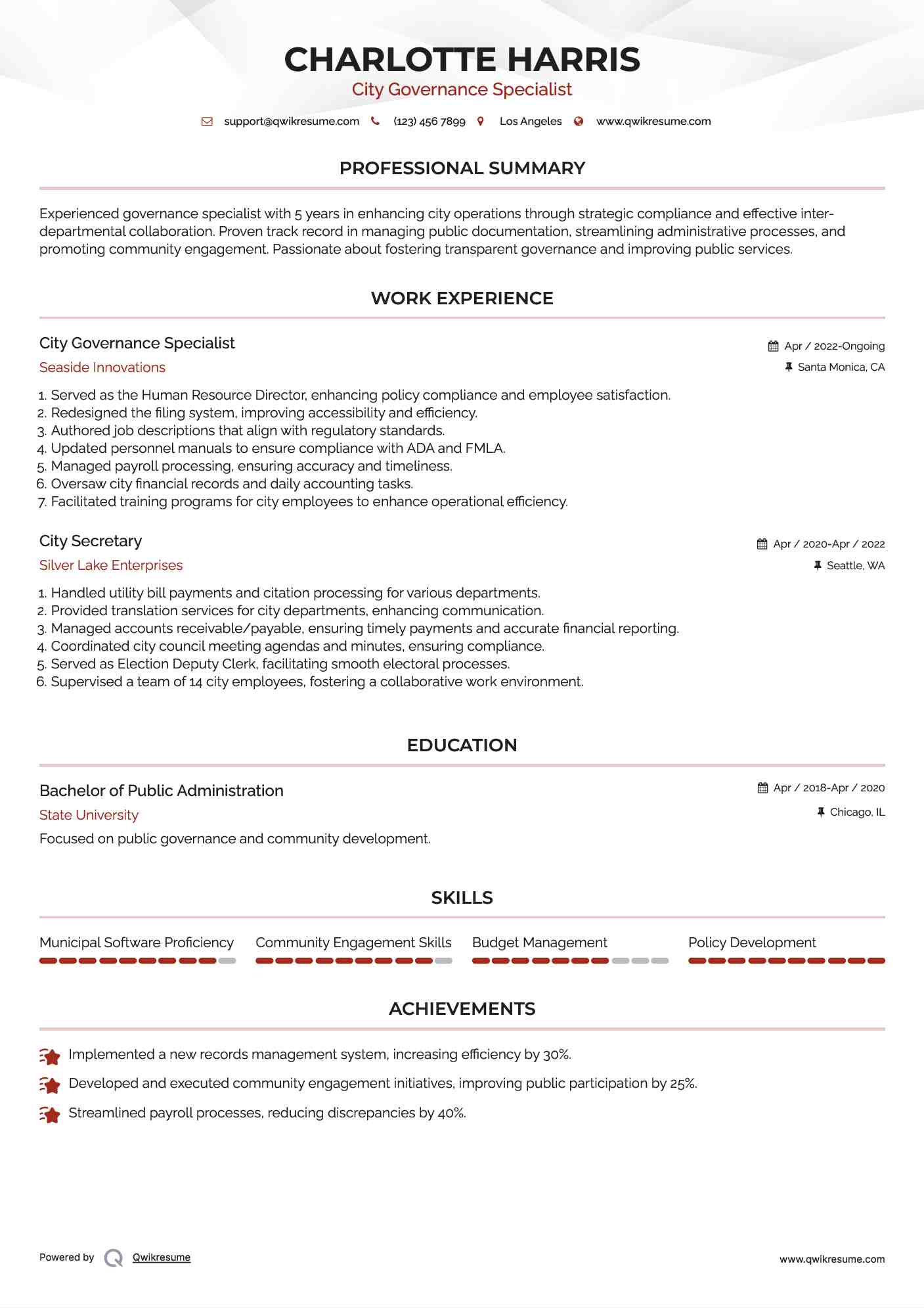 City Governance Specialist Resume Sample