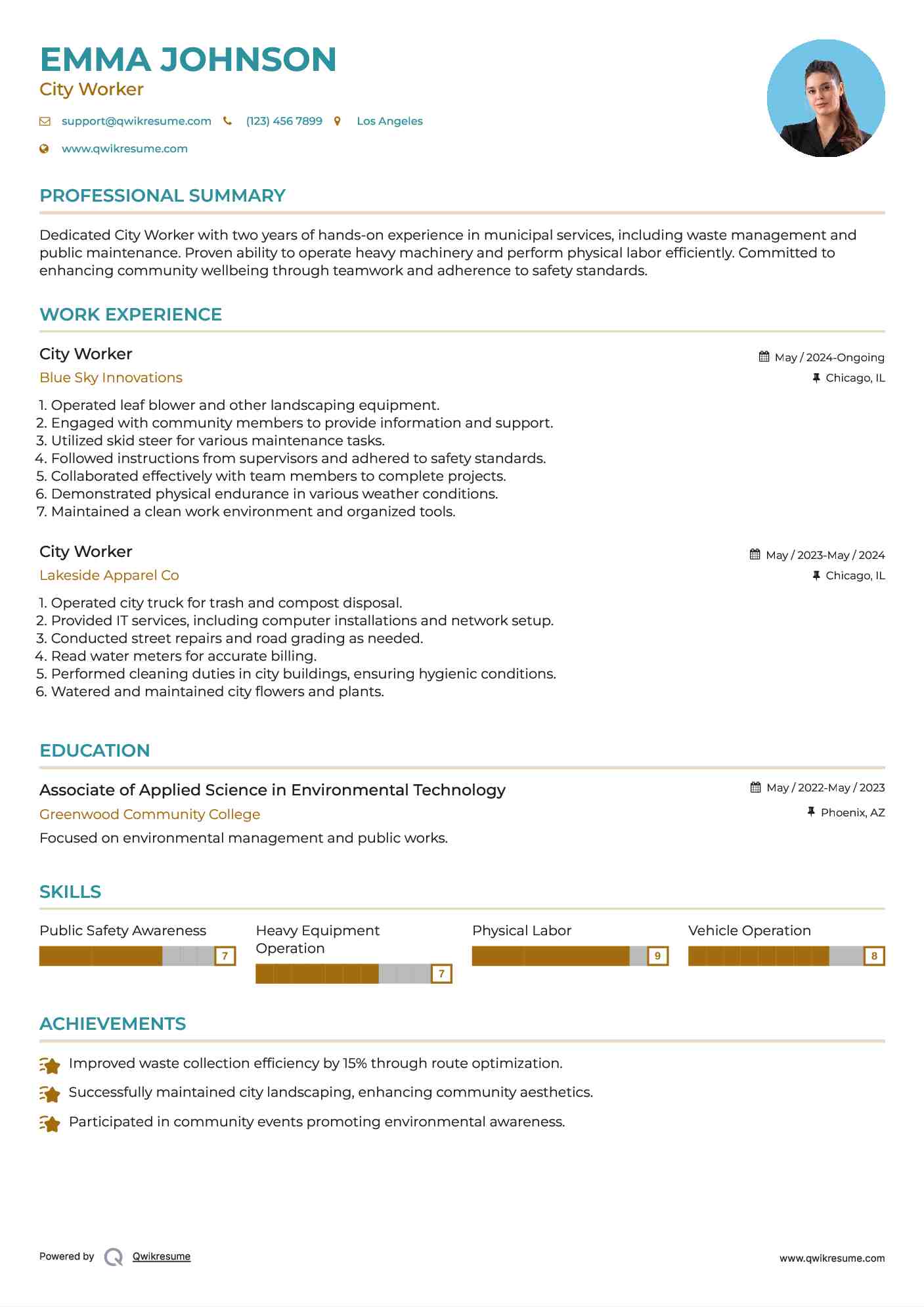 City Worker Resume Format