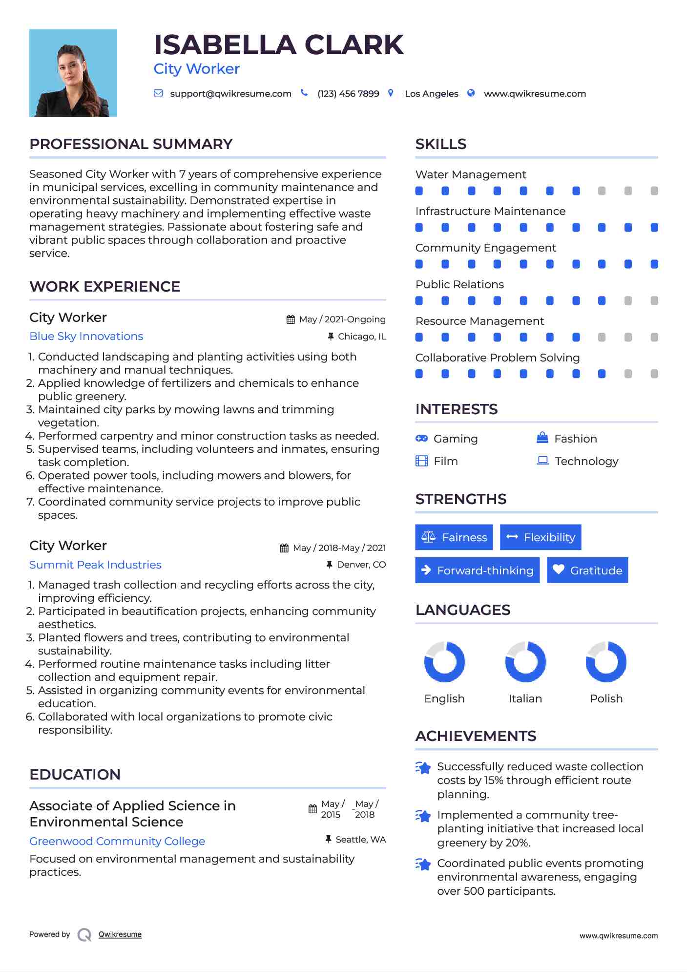 City Worker Resume Sample
