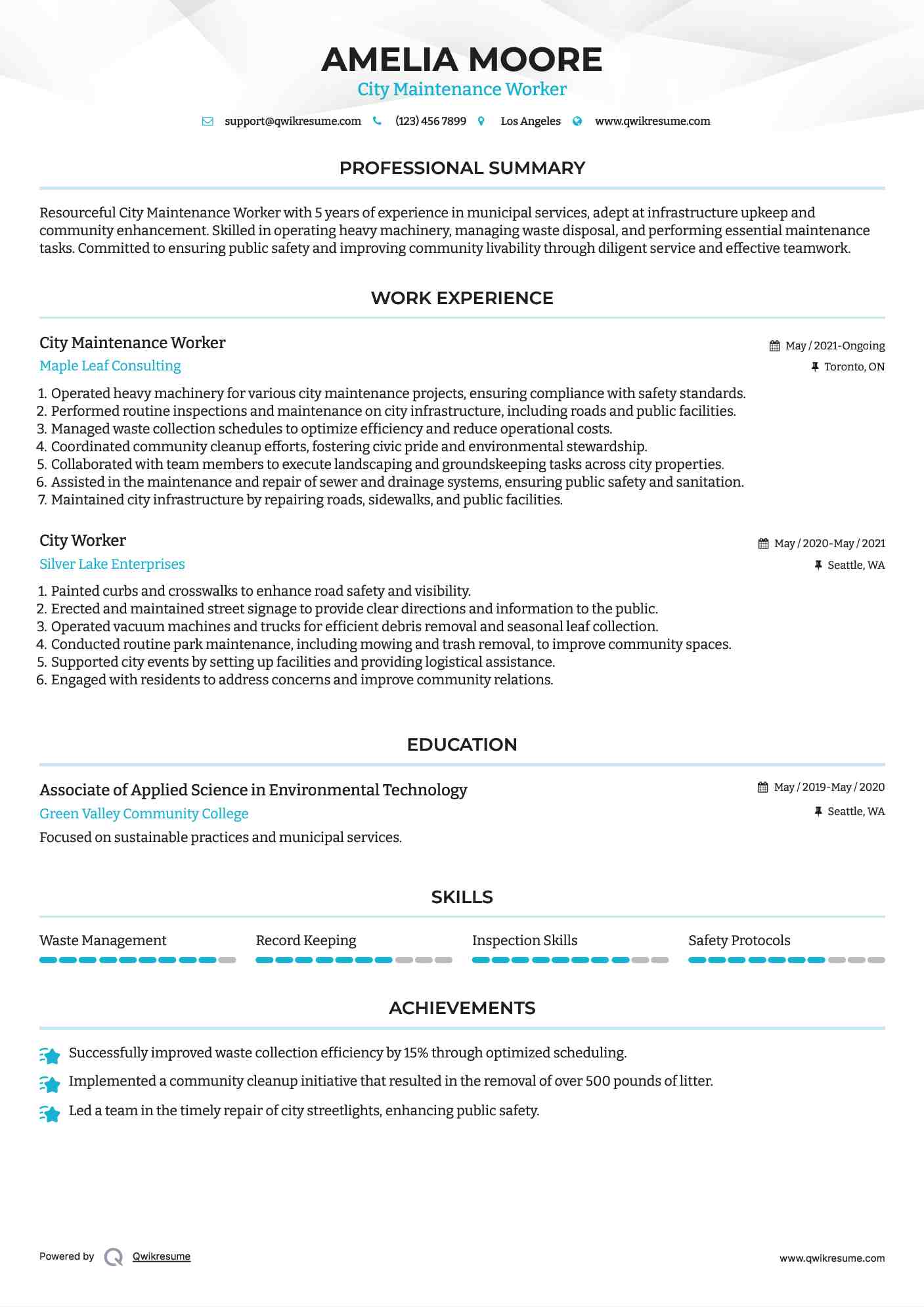 City Maintenance Worker Resume Model