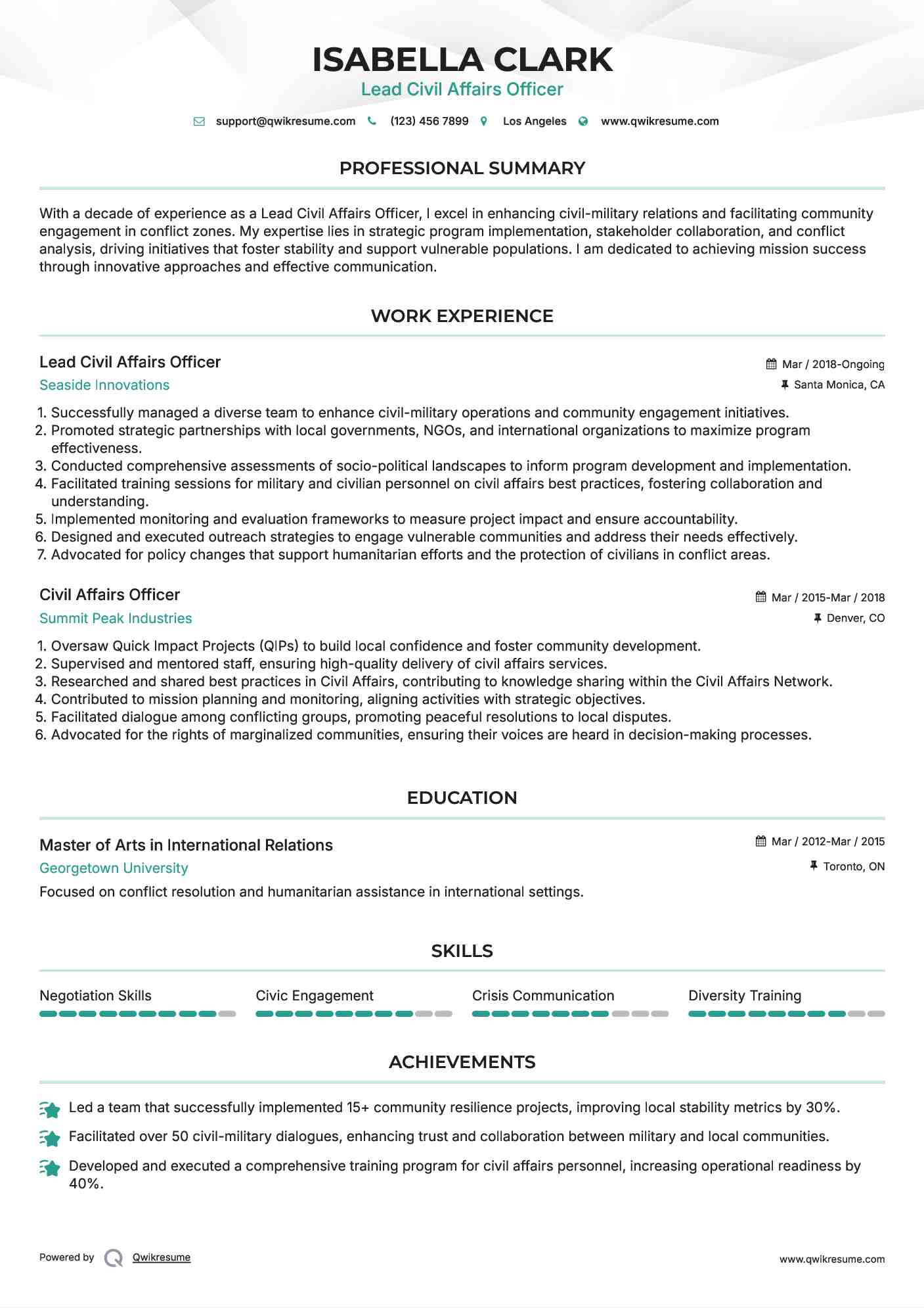 Lead Civil Affairs Officer Resume Sample