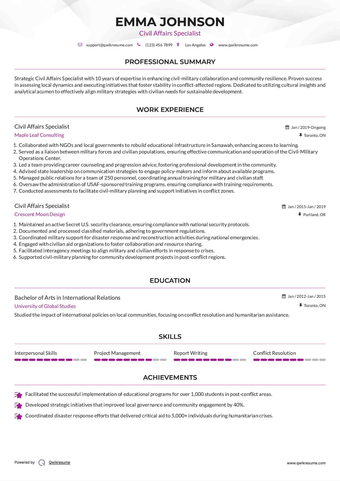 Civil Affairs Specialist Resume Format