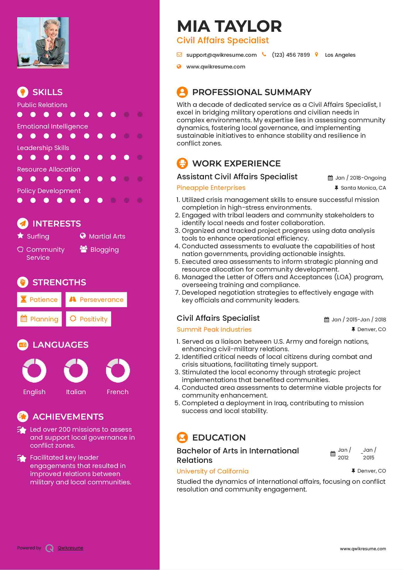 Assistant Civil Affairs Specialist Resume Example