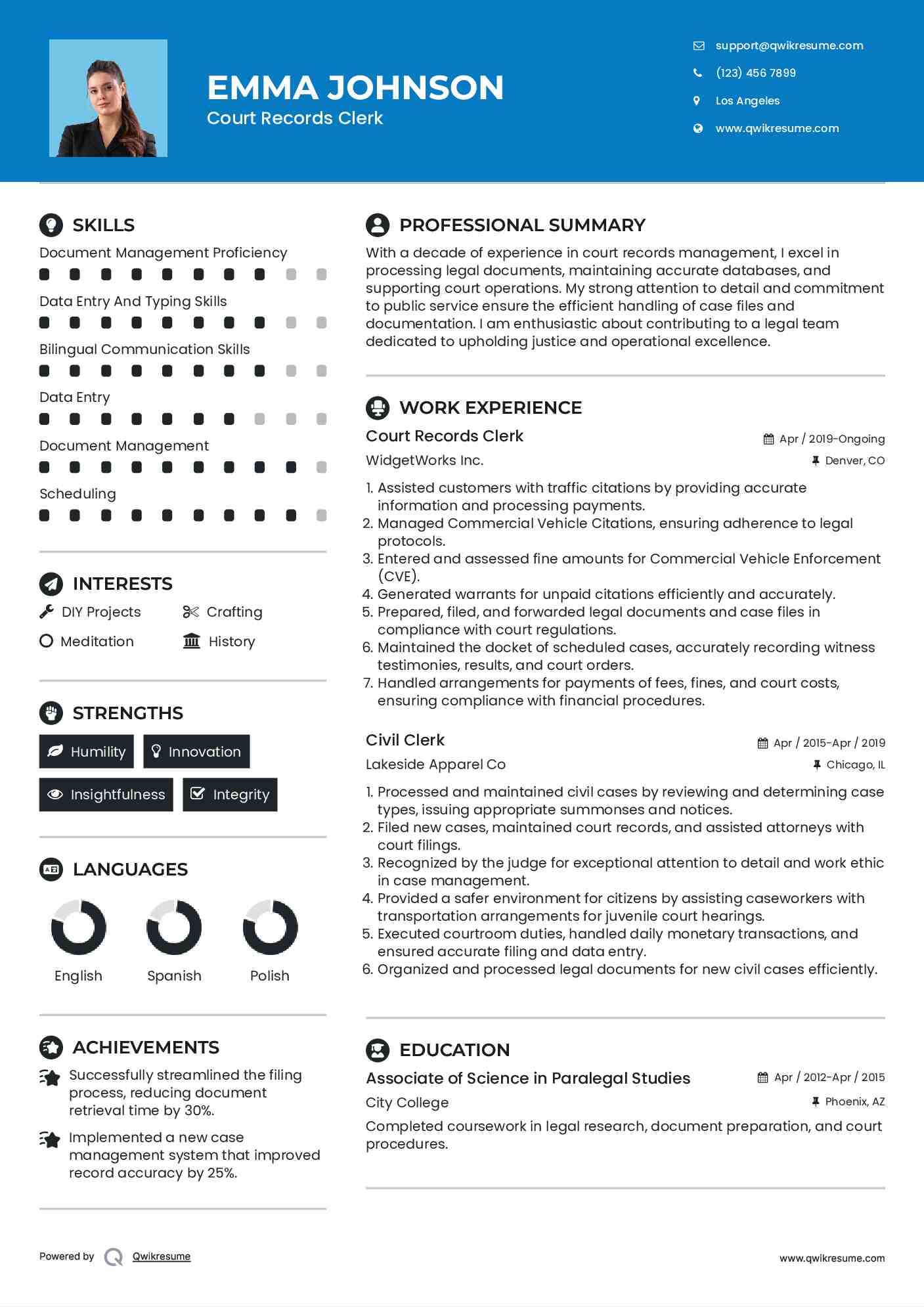 Court Records Clerk Resume Sample
