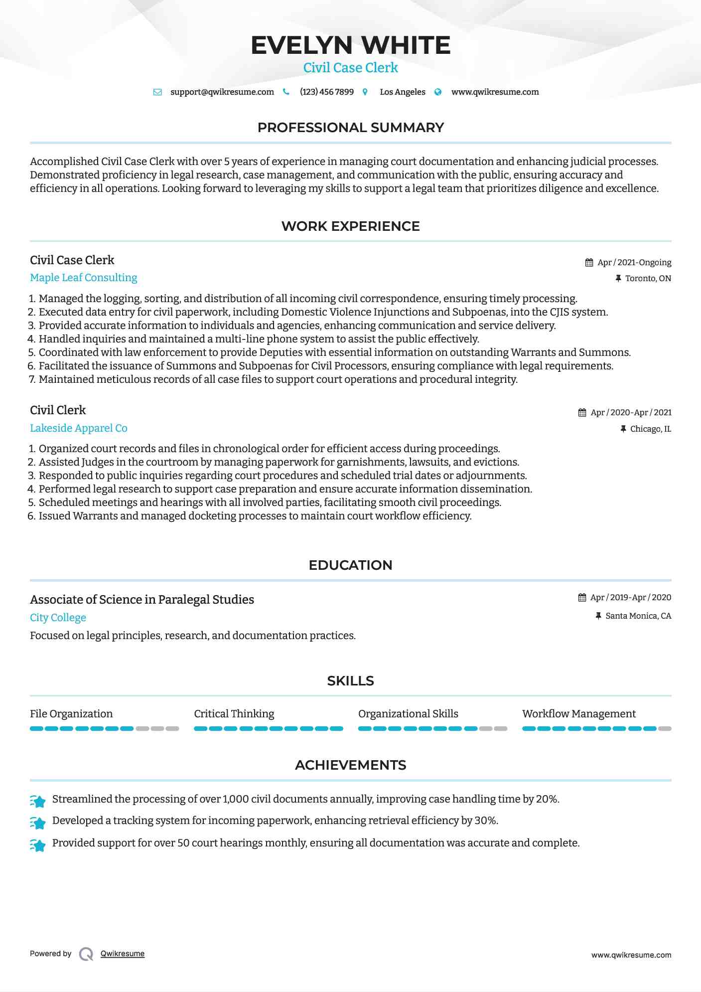 Civil Case Clerk Resume Example