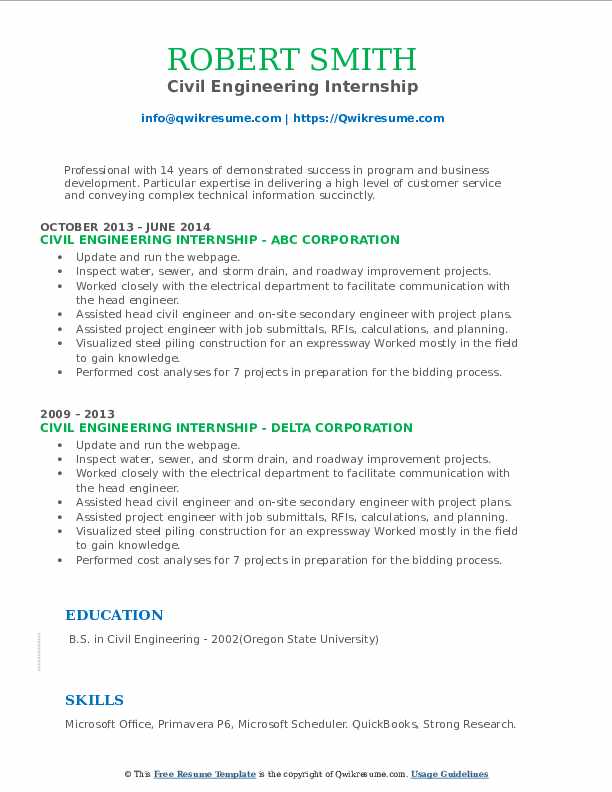 Civil Engineering Internship Resume Samples QwikResume