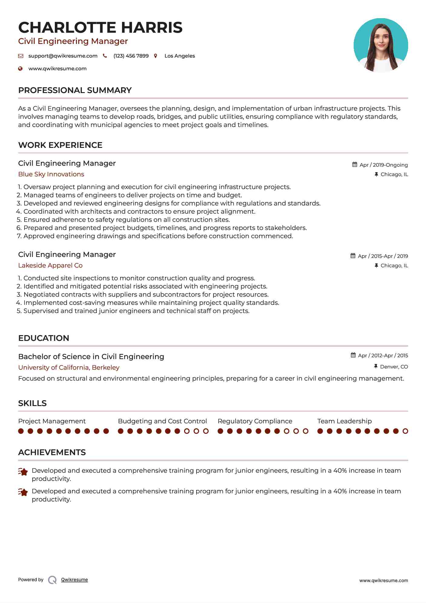 Civil Engineering Manager Resume Template