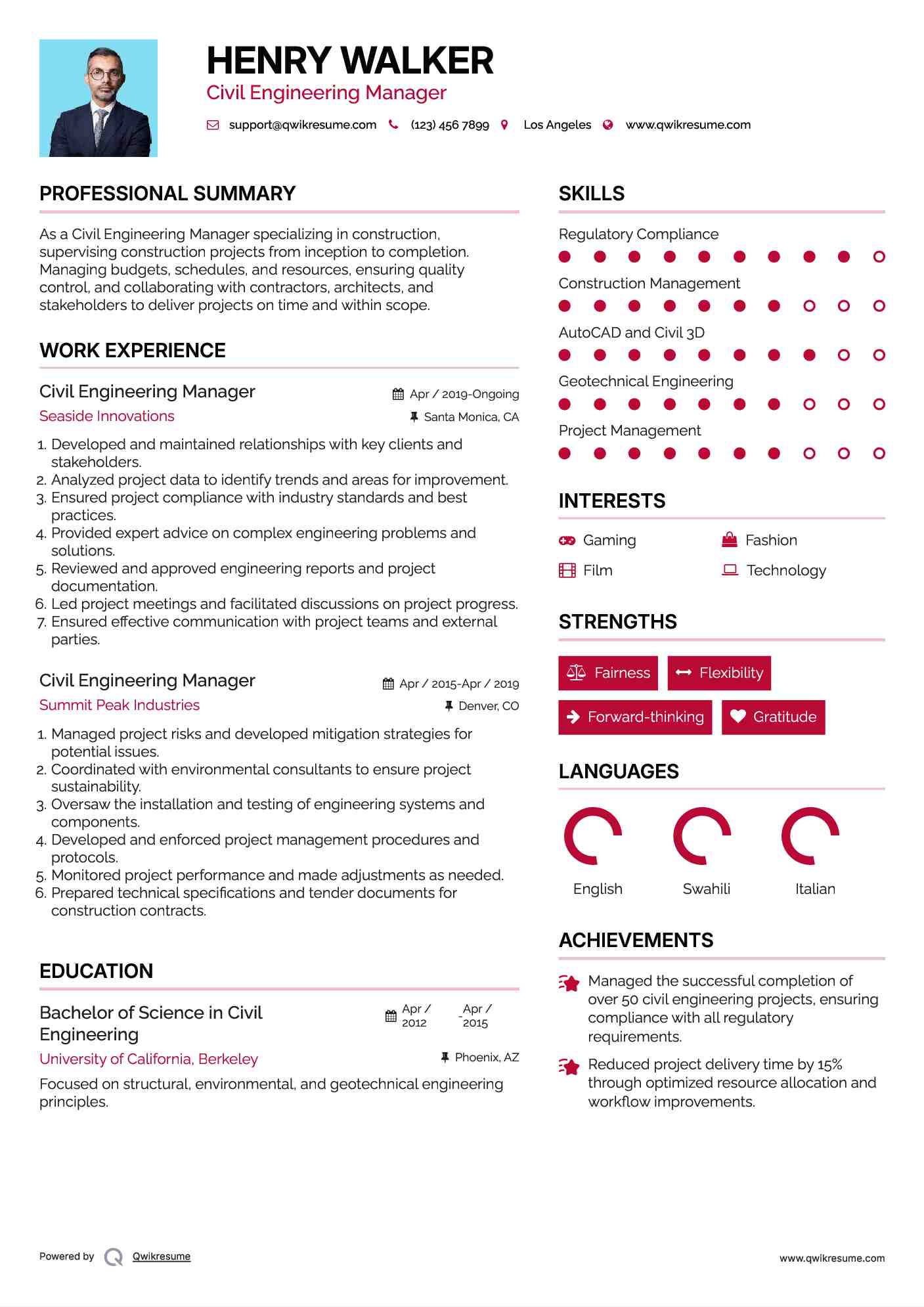 Civil Engineering Manager Resume Format