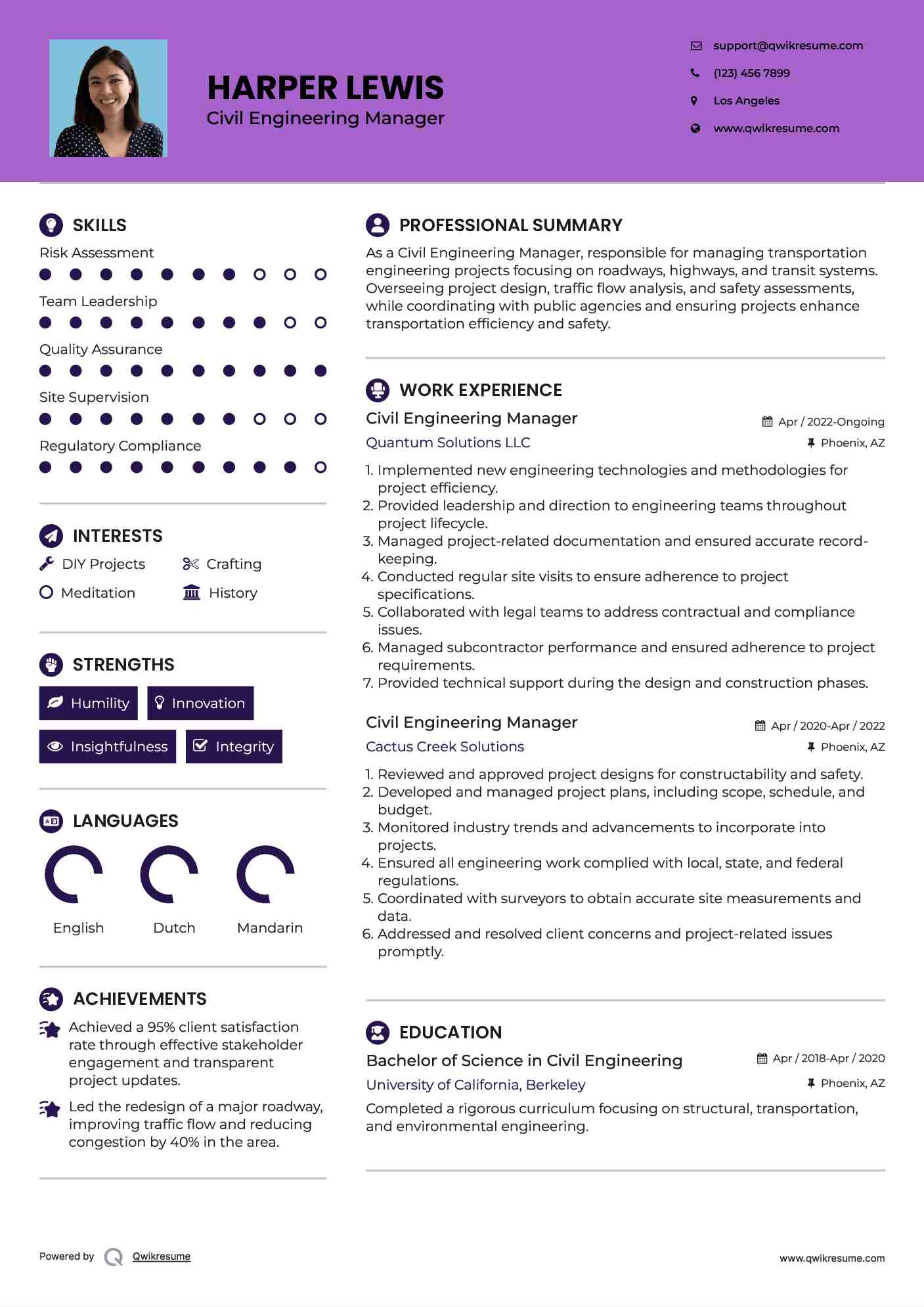 Civil Engineering Manager Resume Sample