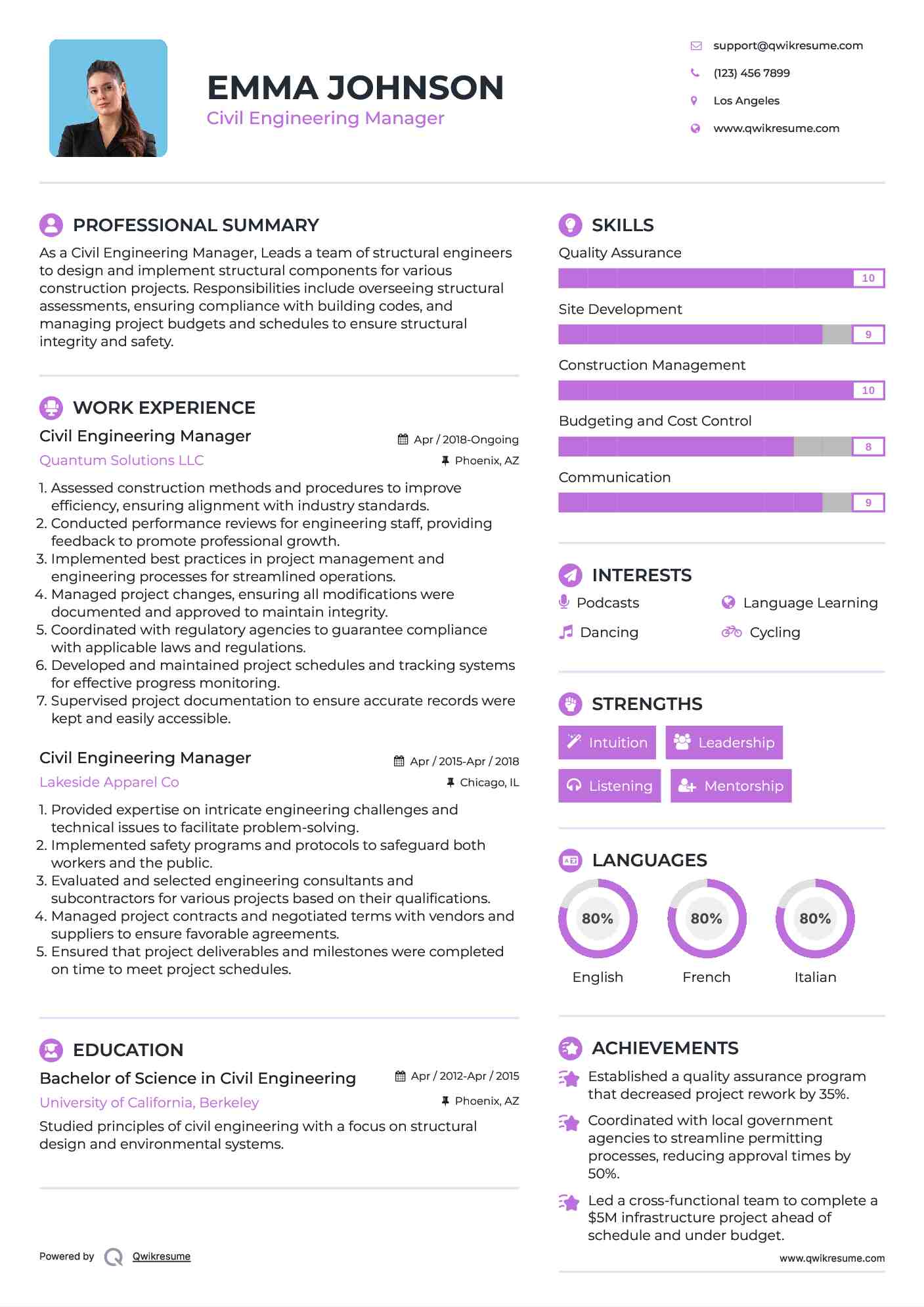 Civil Engineering Manager Resume Model