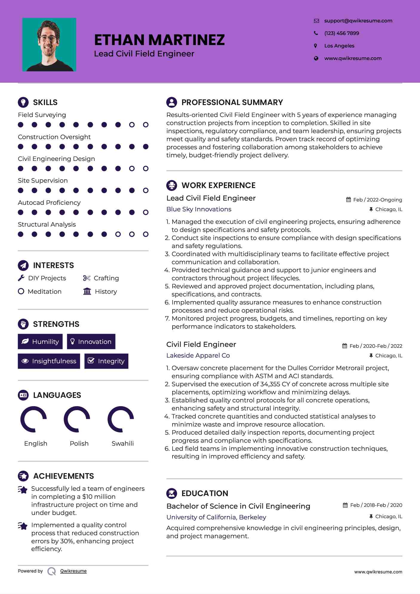 Lead Civil Field Engineer  Resume Example