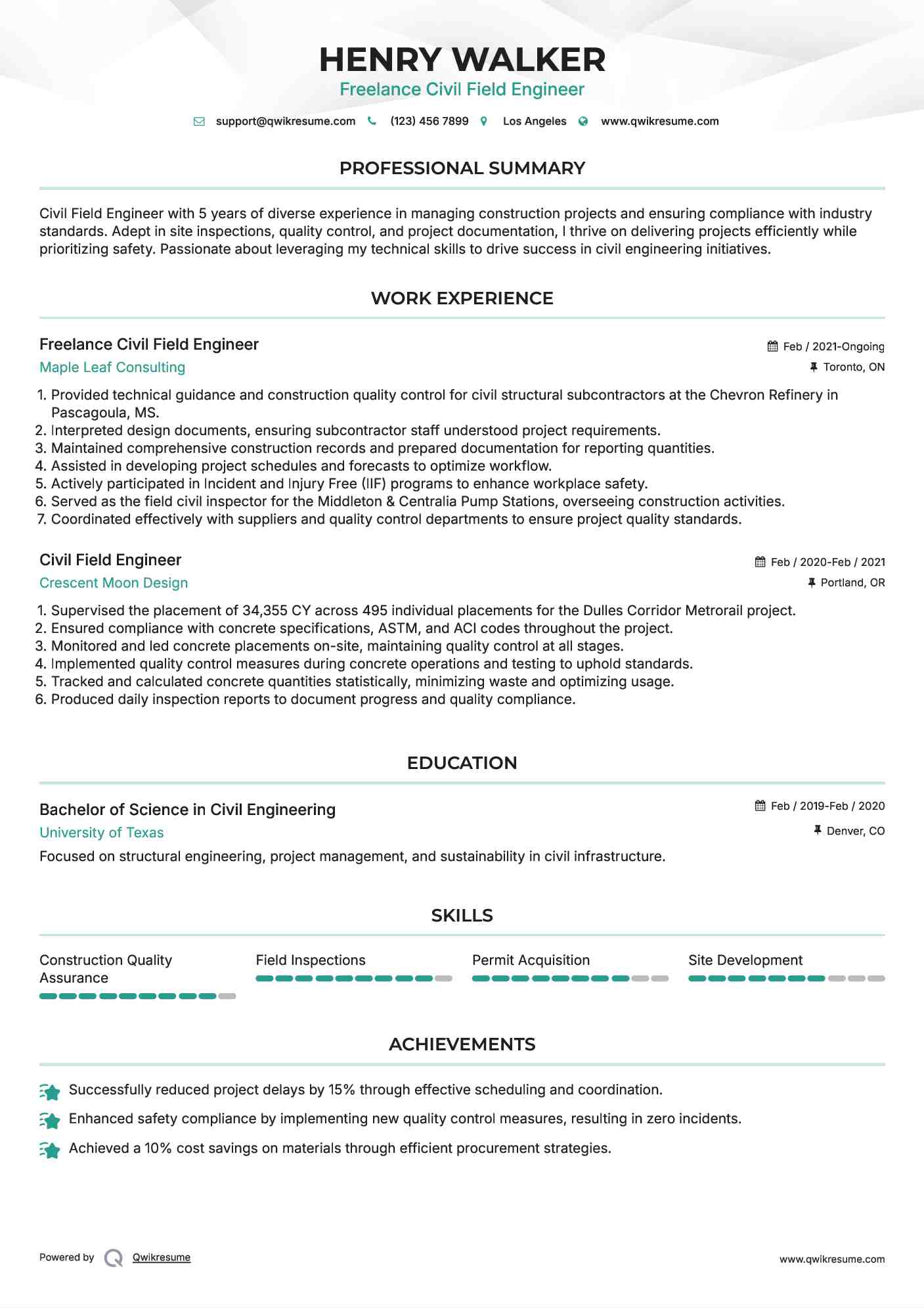 Freelance Civil Field Engineer Resume Template