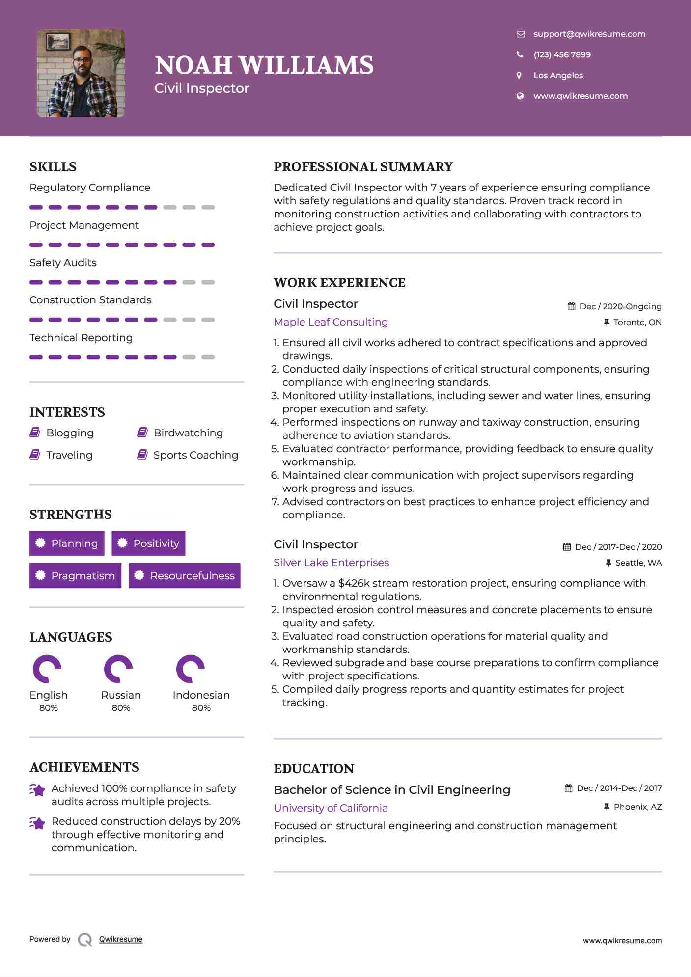 Civil Inspector Resume Example