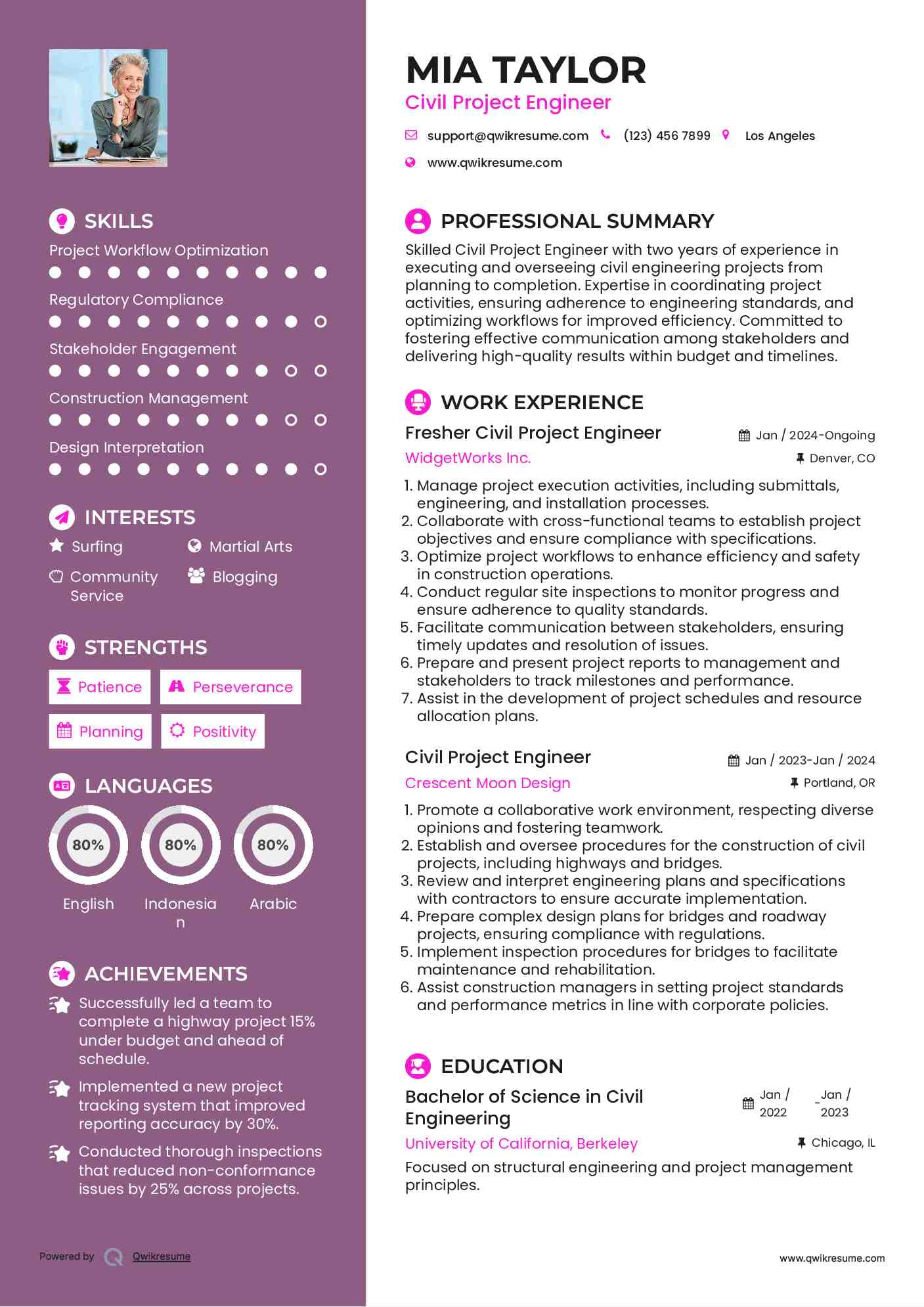 Fresher Civil Project Engineer Resume Example