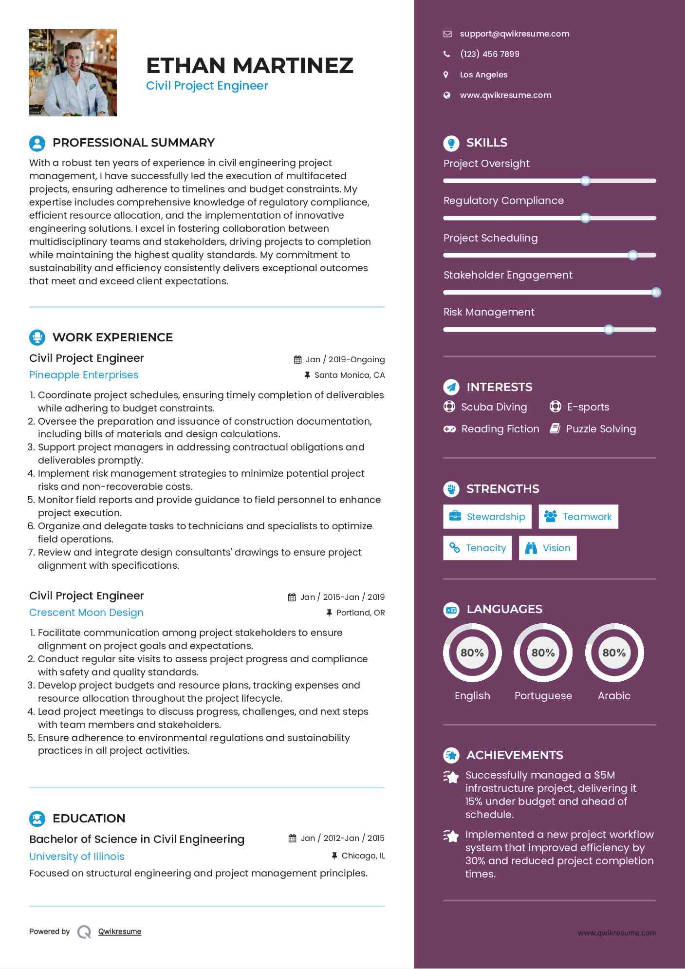Civil Project Engineer Resume Example