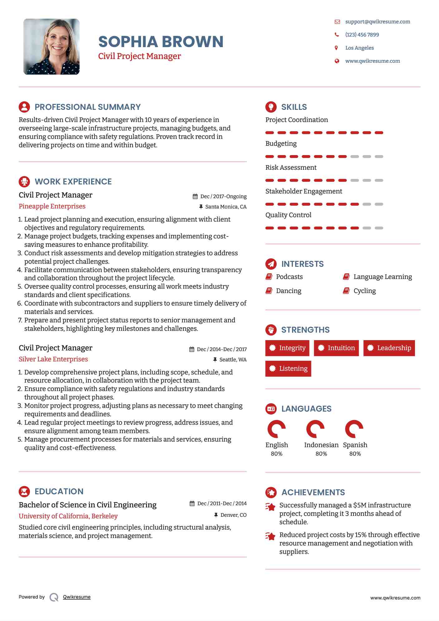 Civil Project Manager Resume Model