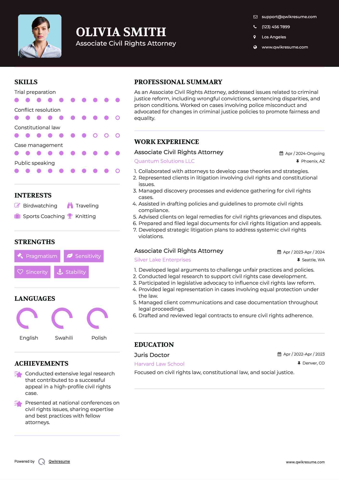 Associate Civil Rights Attorney Resume Example