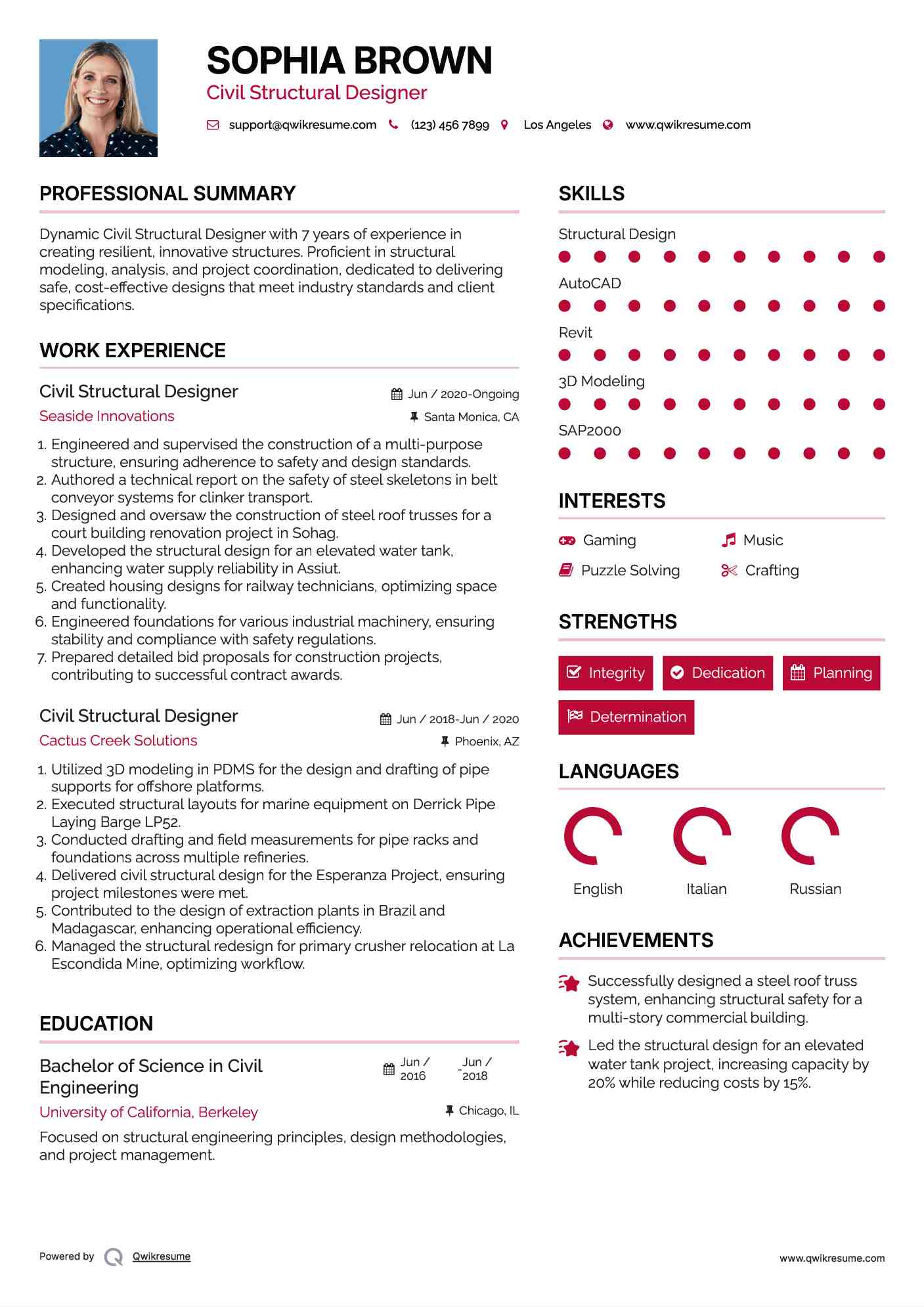 Civil Structural Designer Resume Example