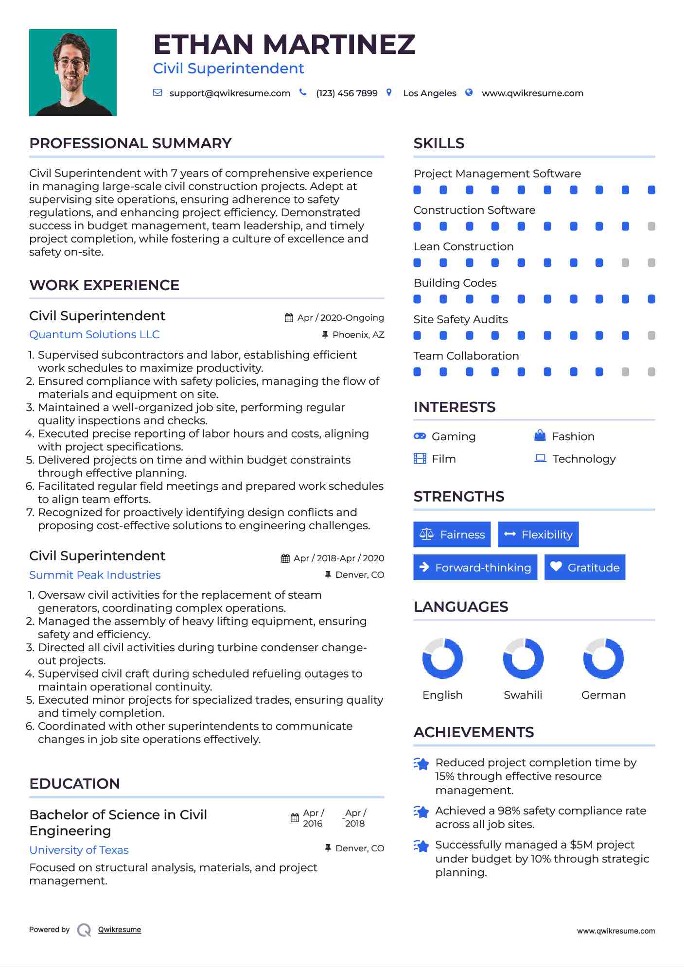 Civil Superintendent Resume Example