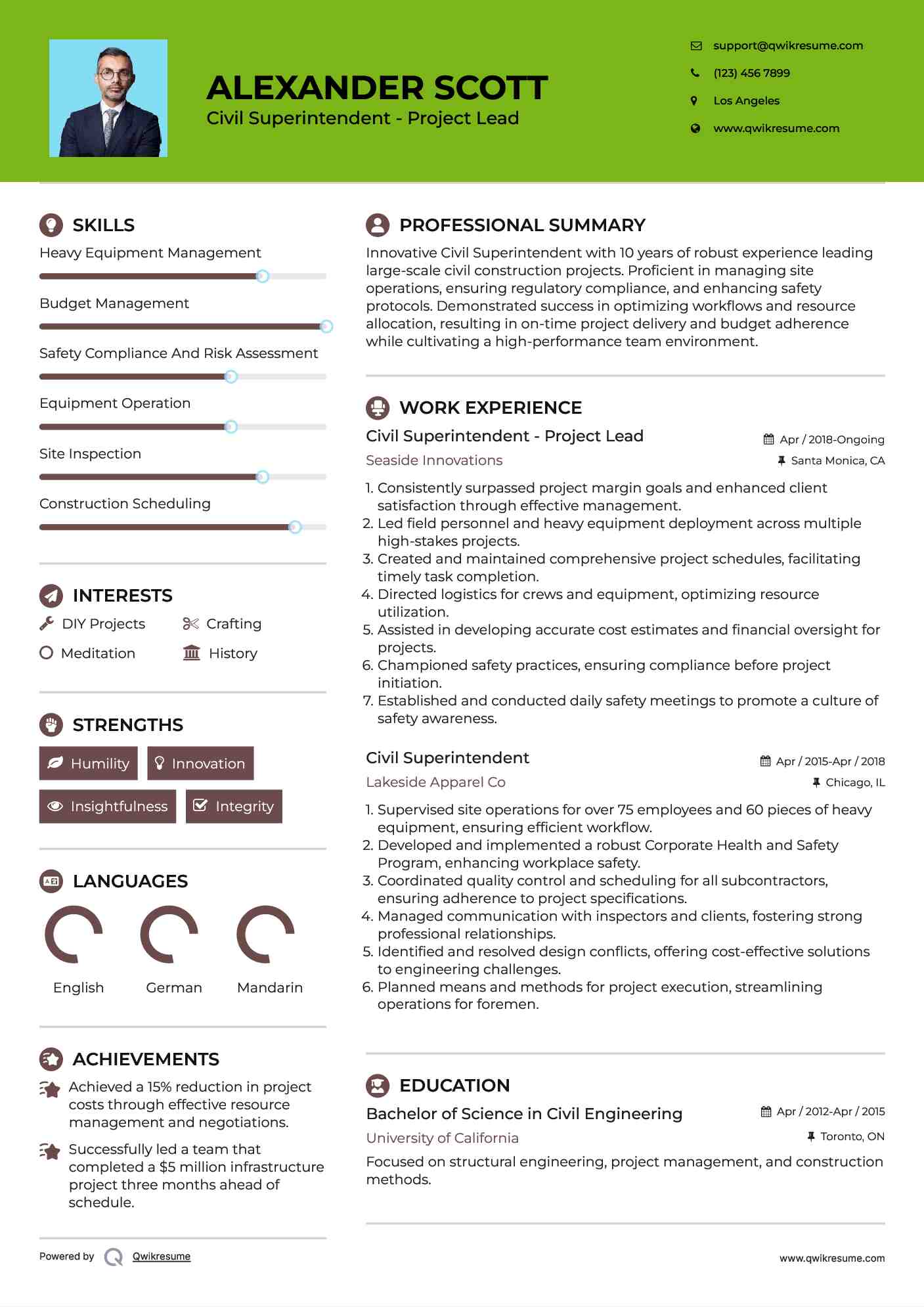 Civil Superintendent - Project Lead Resume Template