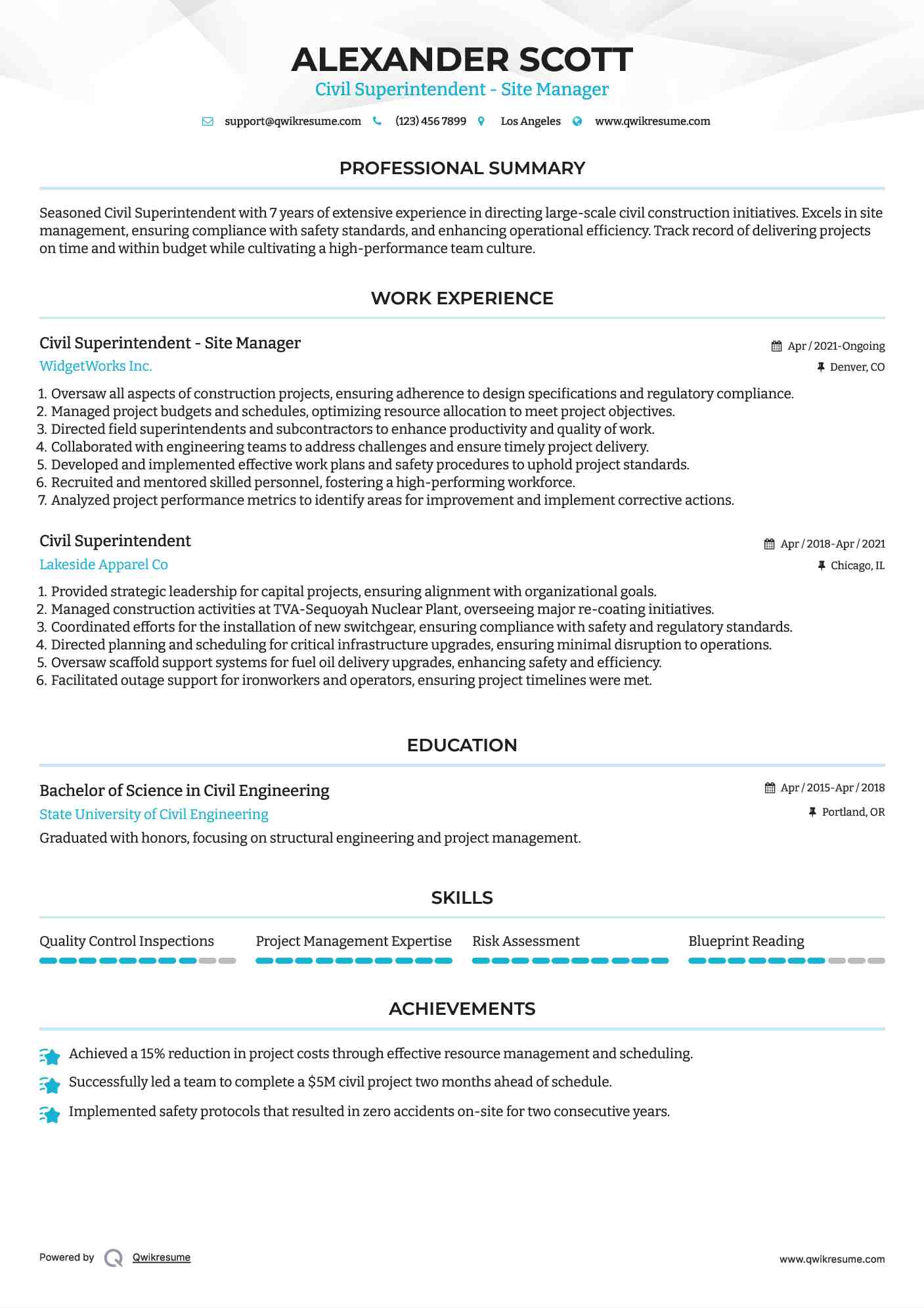 Civil Superintendent - Site Manager Resume Format