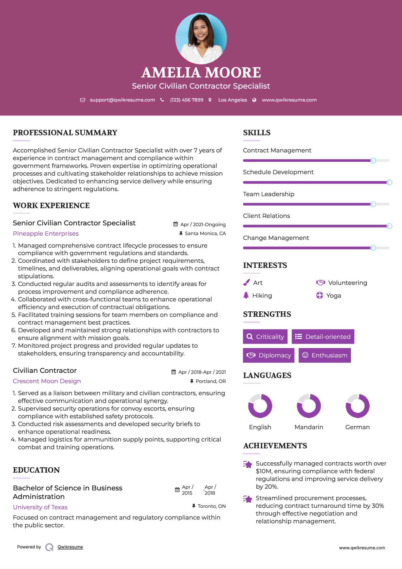 Senior Civilian Contractor Specialist Resume Model