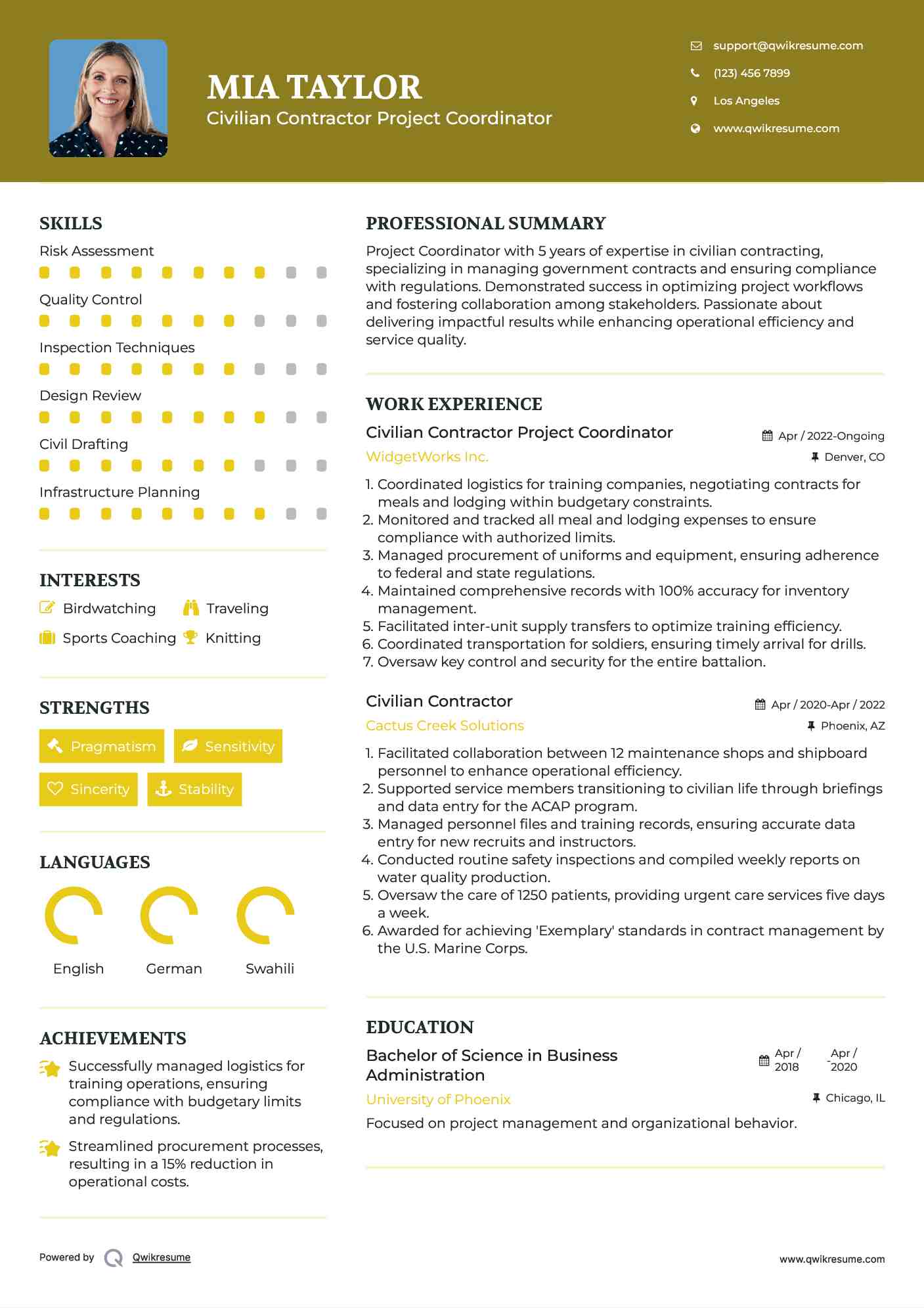 Civilian Contractor Project Coordinator Resume Format