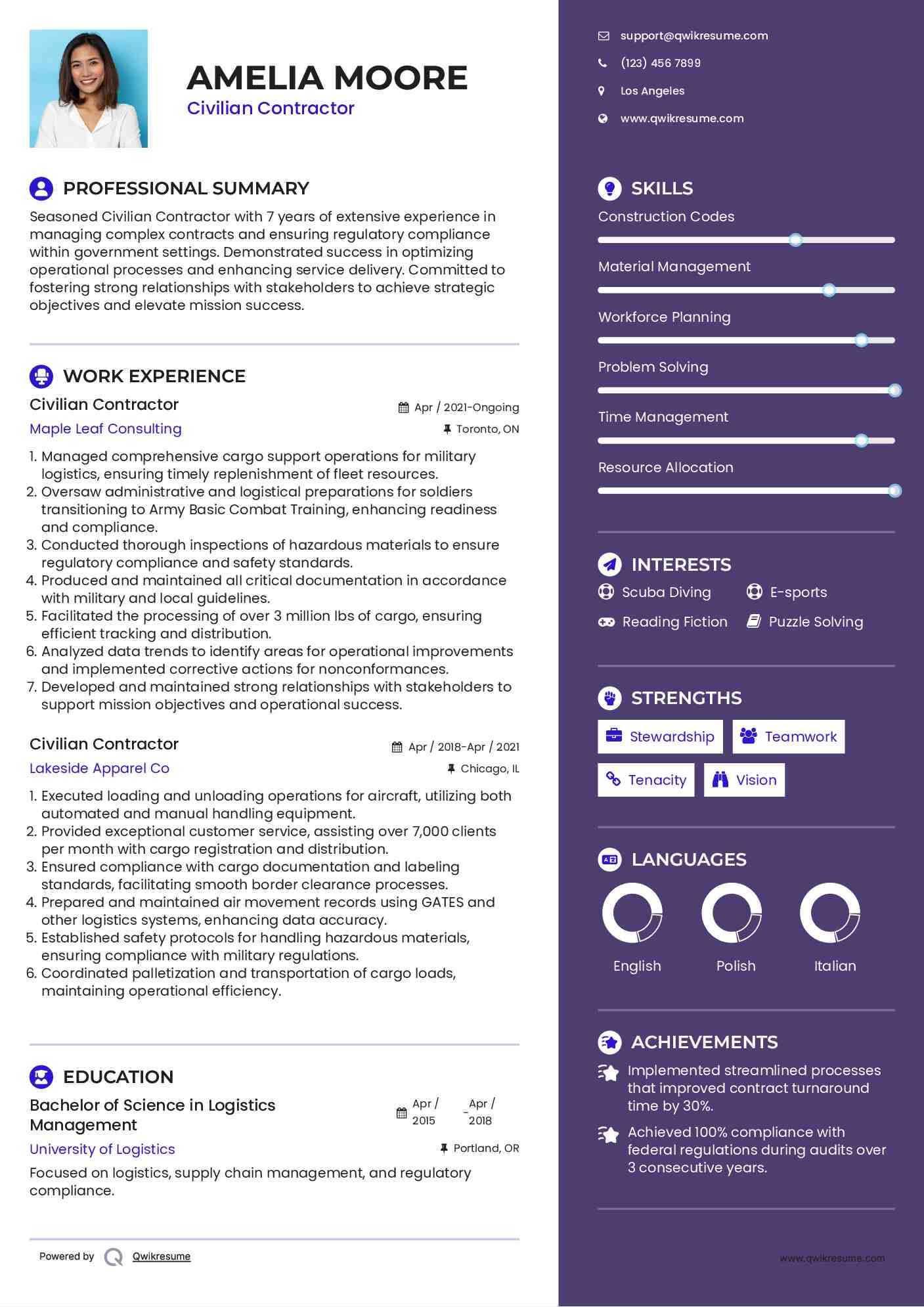 Civilian Contractor Resume Sample