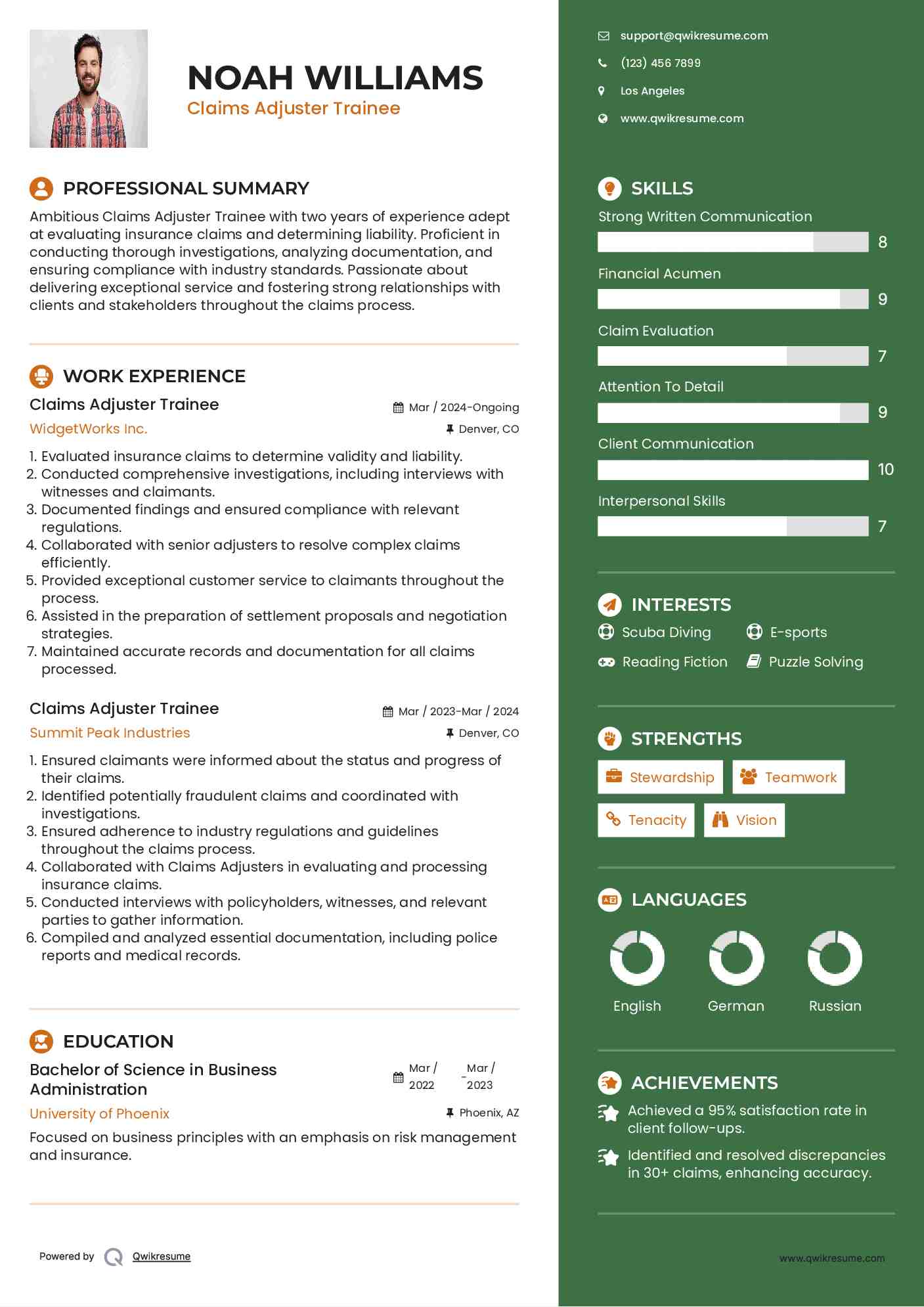 Claims Adjuster Trainee Resume Example