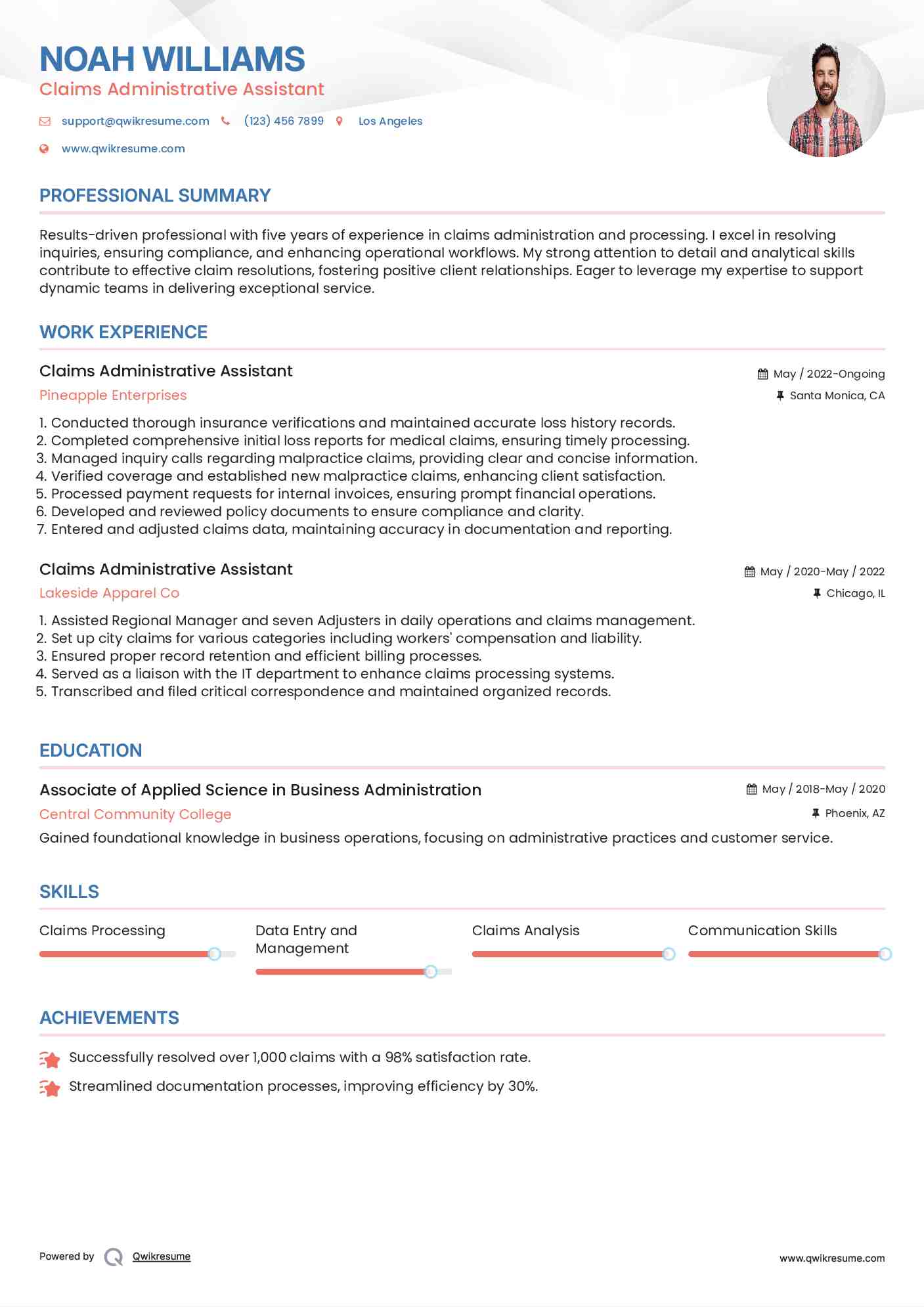 Claims Administrative Assistant Resume Model