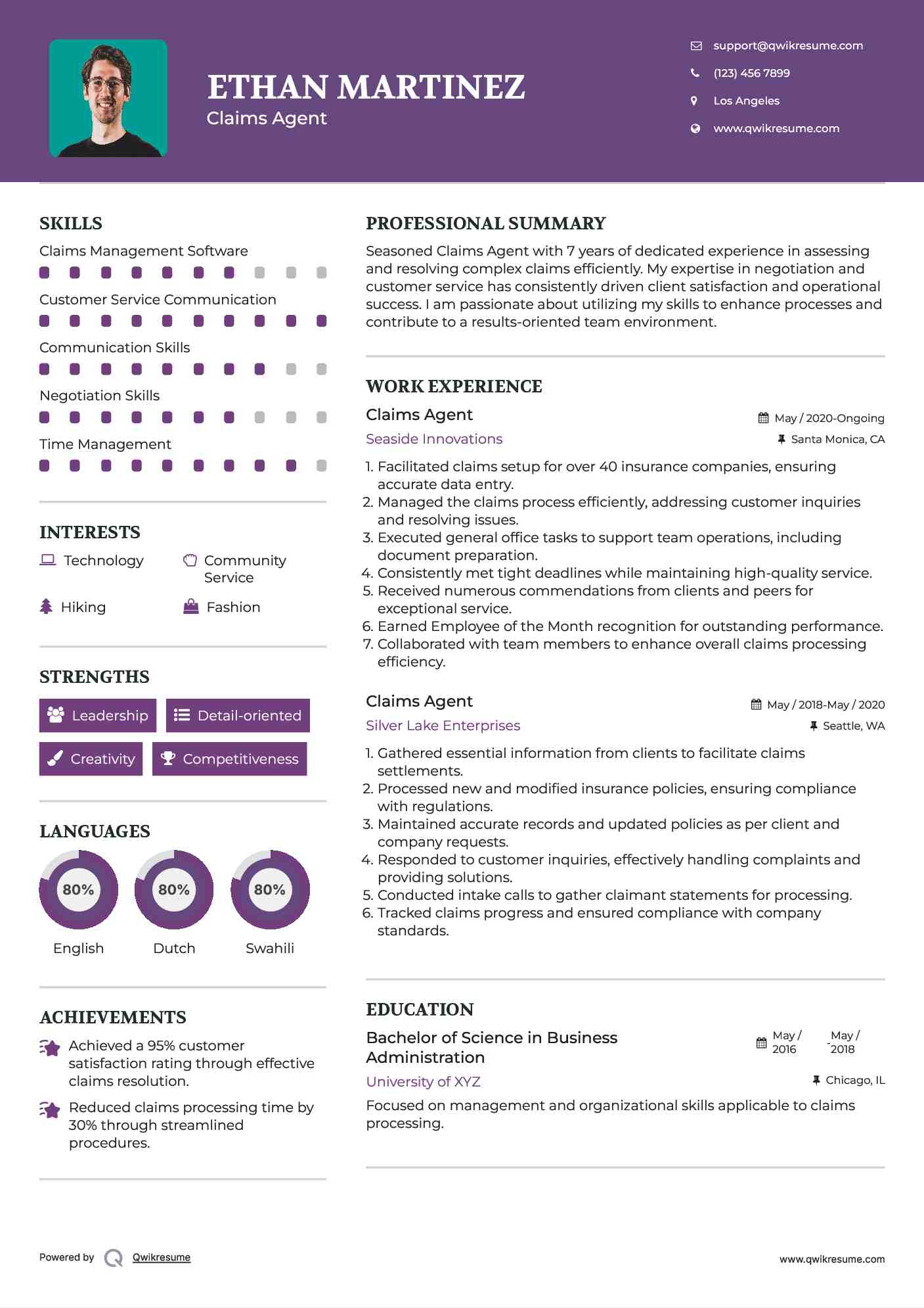 Claims Agent Resume Sample