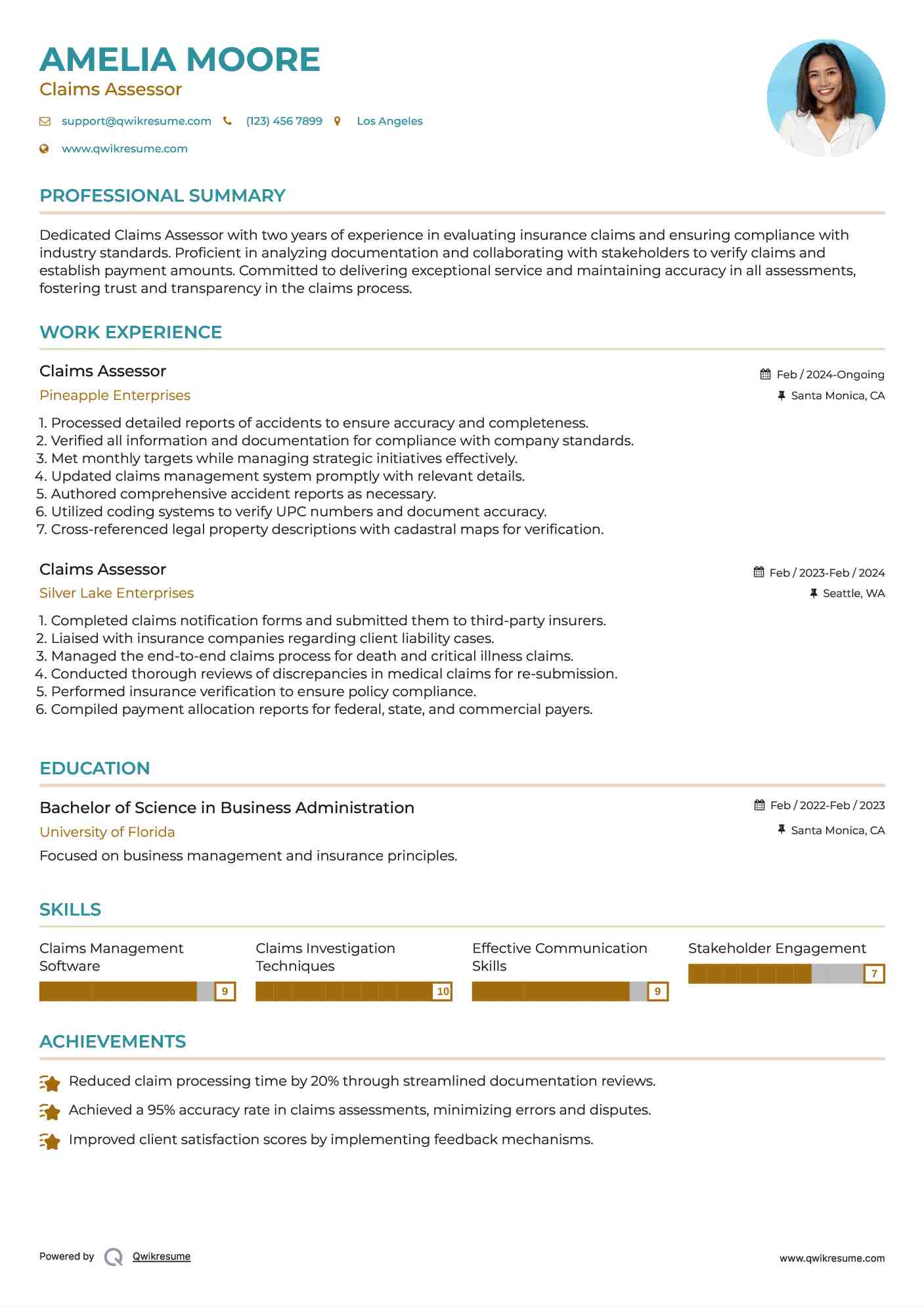 Claims Assessor Resume Sample
