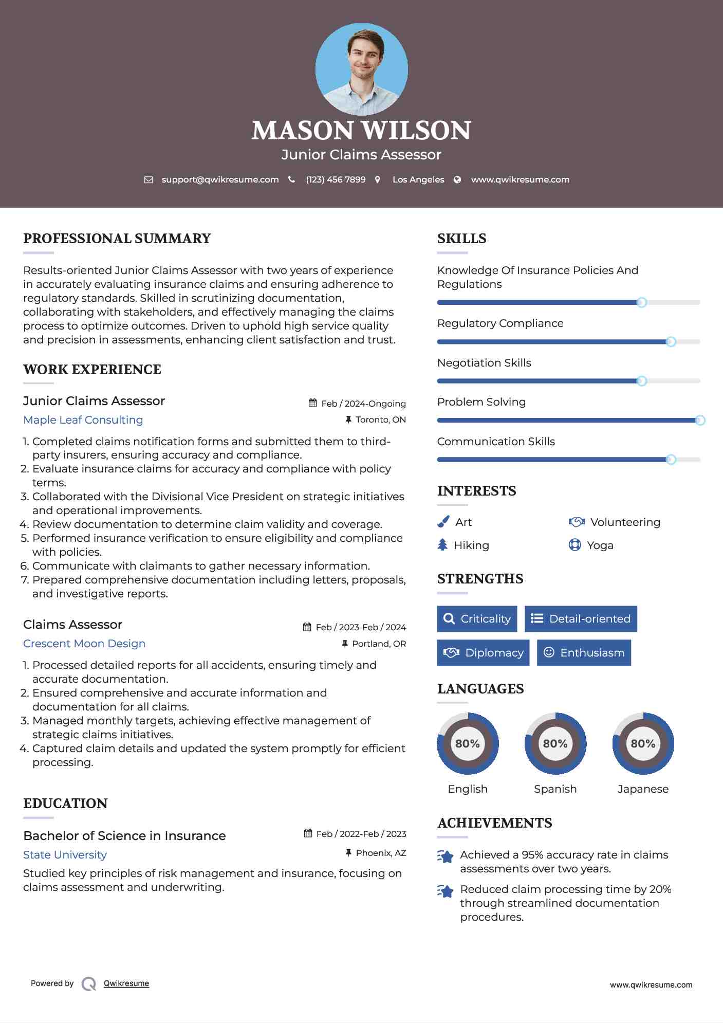 Junior Claims Assessor Resume Format