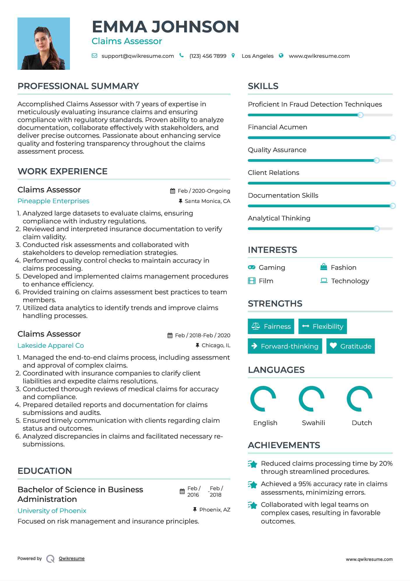 Claims Assessor Resume Model