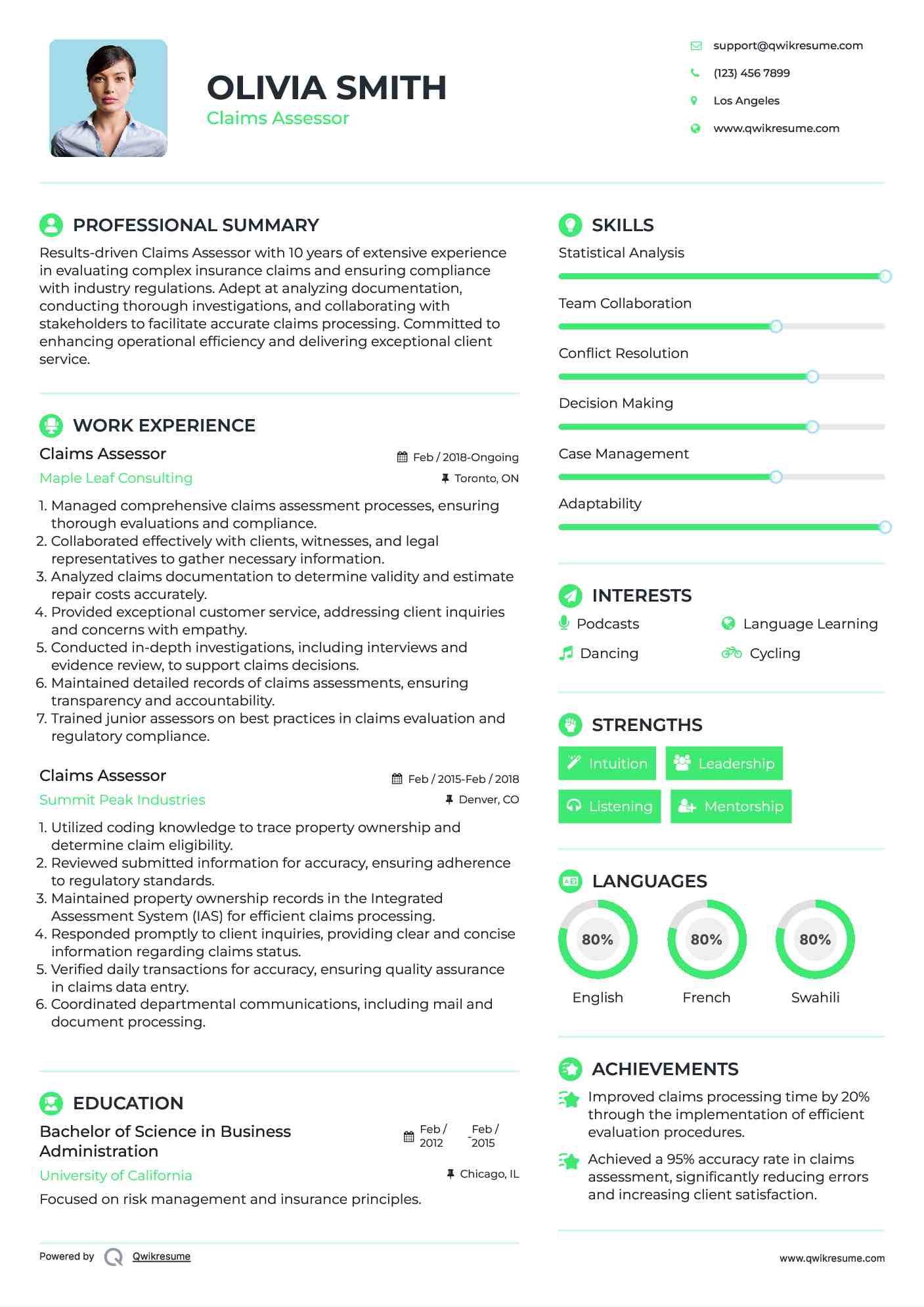 Claims Assessor Resume Example