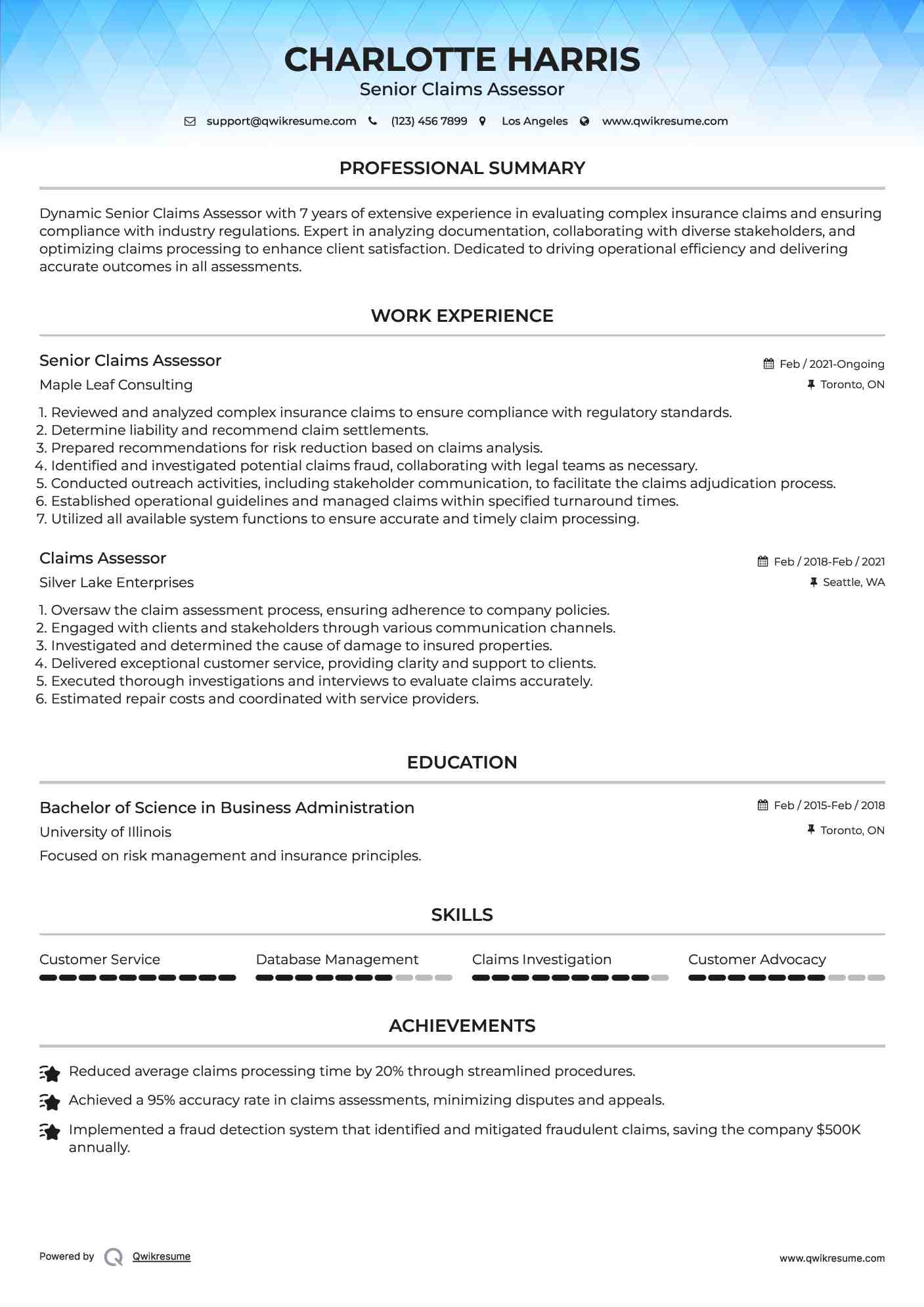 Senior Claims Assessor  Resume Example