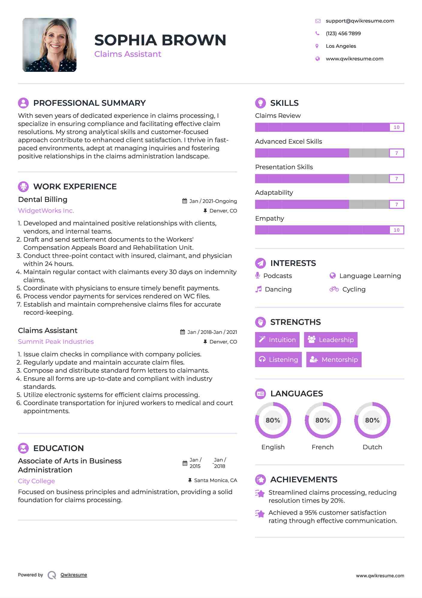 Dental Billing Resume Model