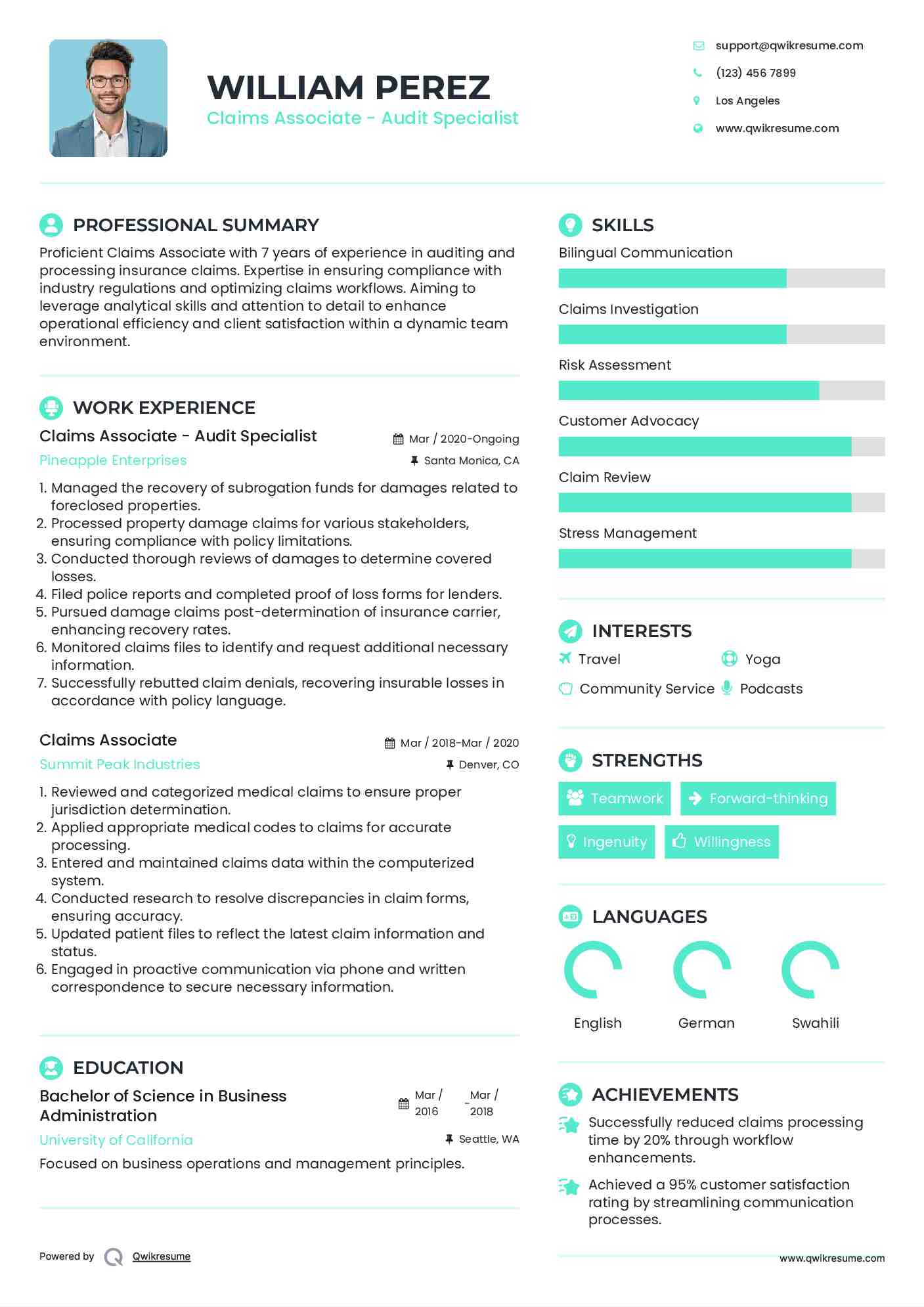 Claims Associate - Audit Specialist Resume Sample