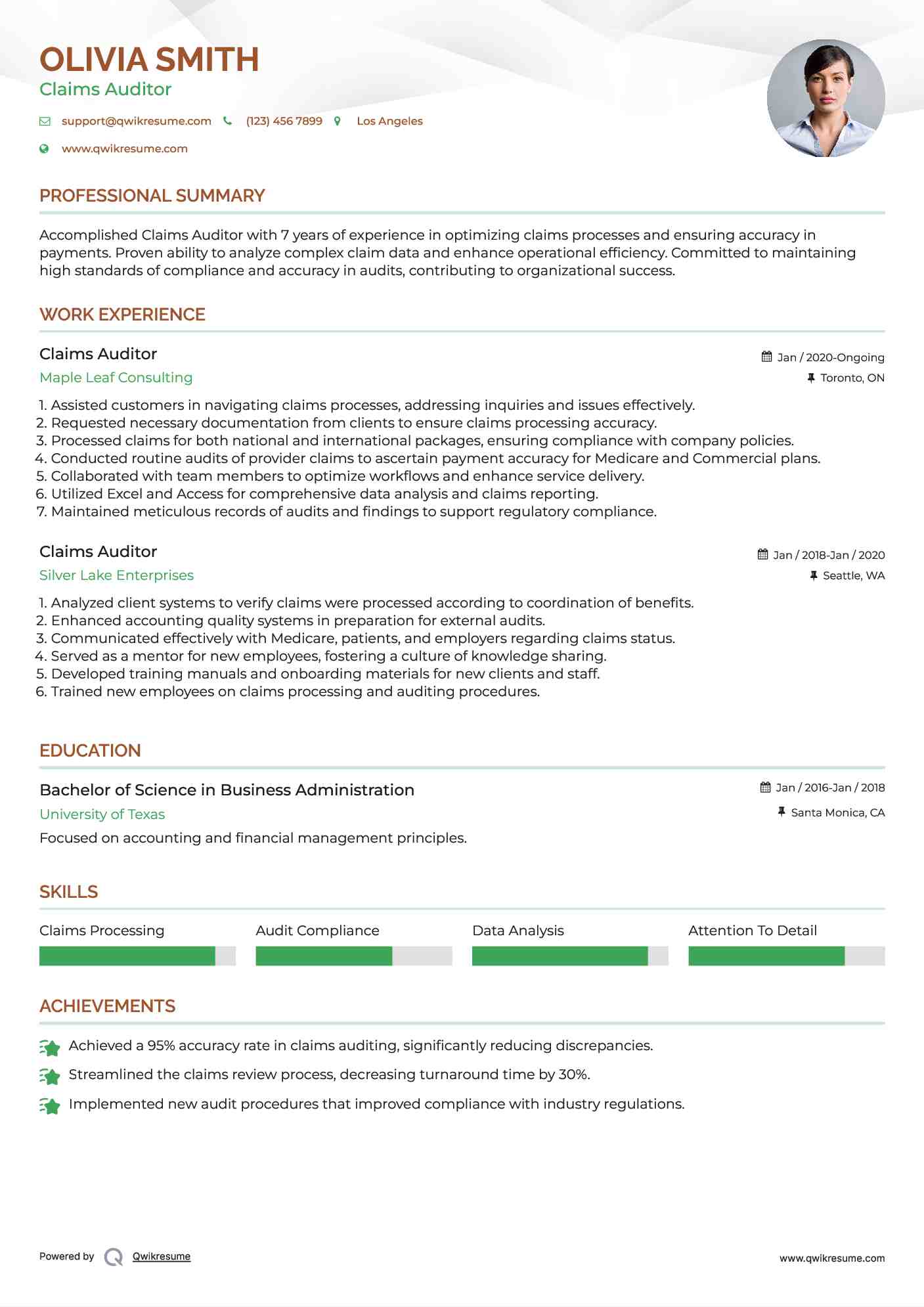 Claims Auditor Resume Format
