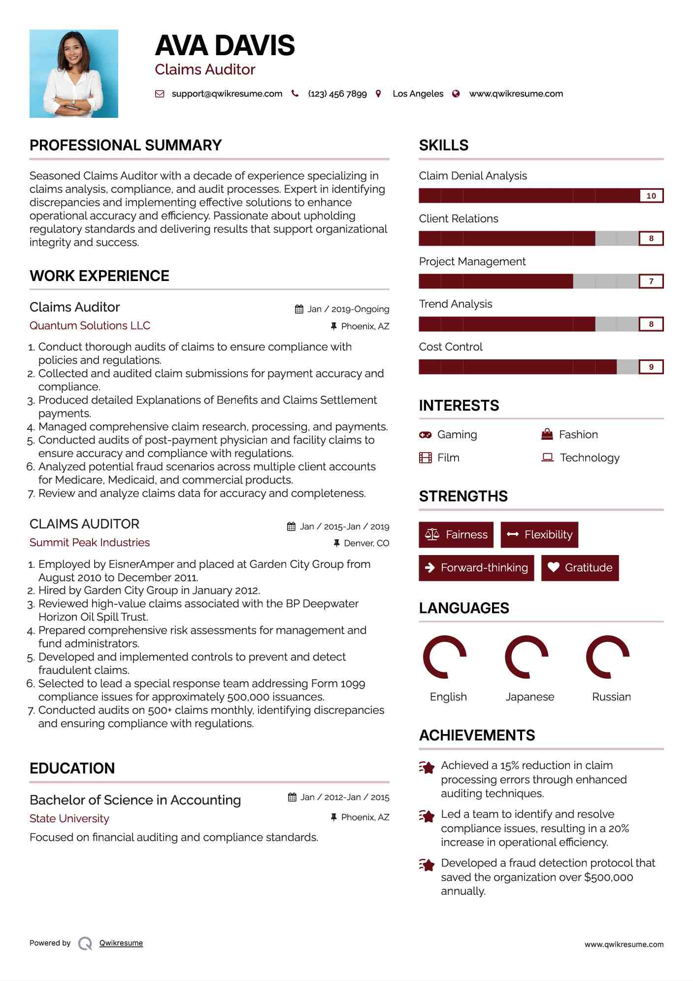 Claims Auditor Resume Format