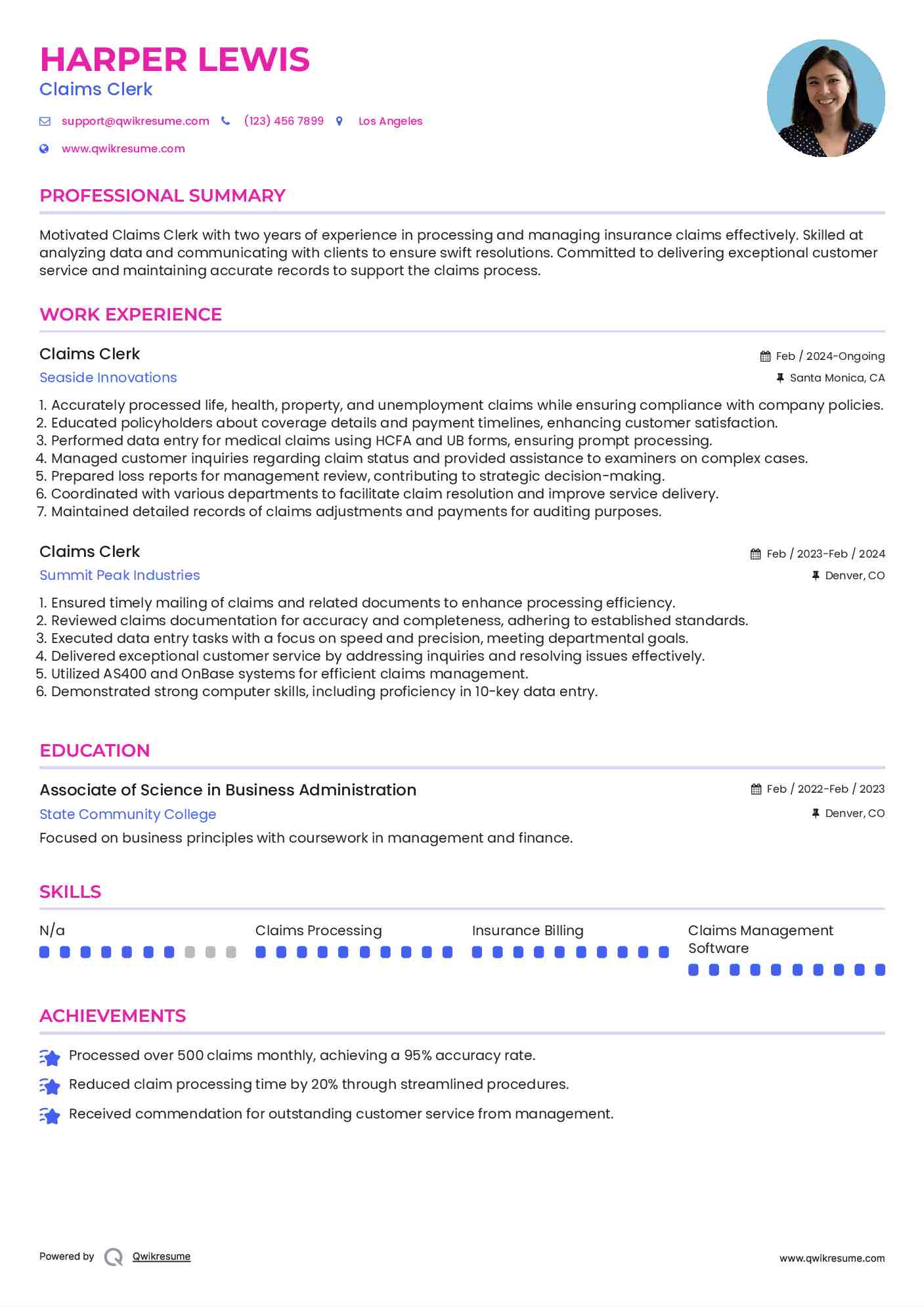 Claims Clerk Resume Example