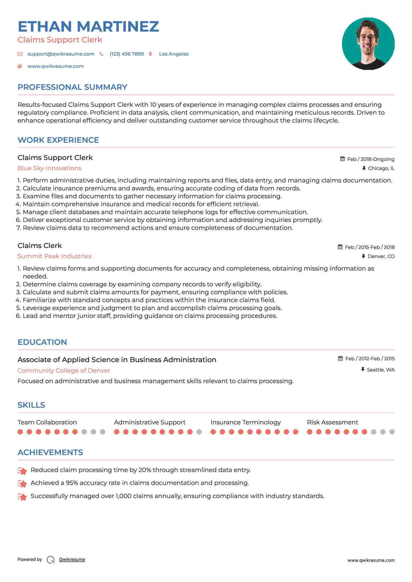 Claims Support Clerk Resume Format