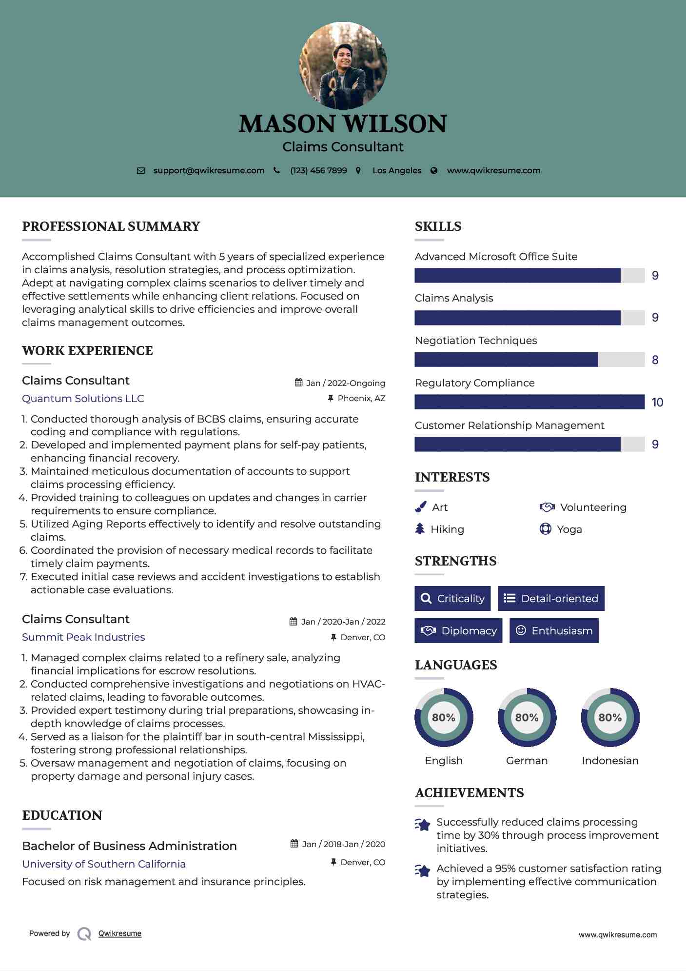 Claims Consultant Resume Sample