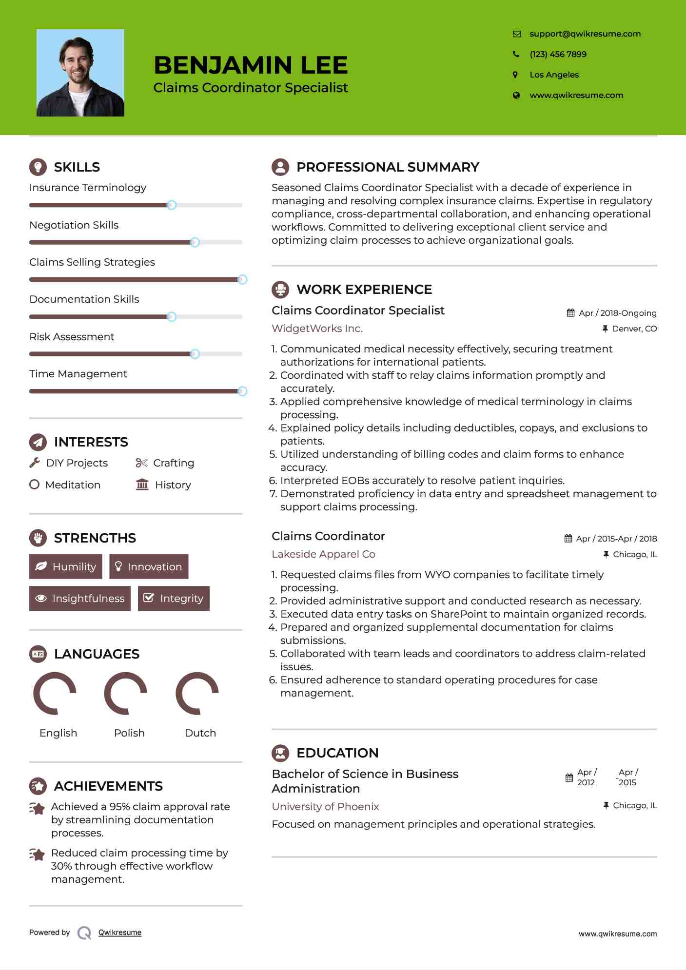 Claims Coordinator Specialist Resume Template
