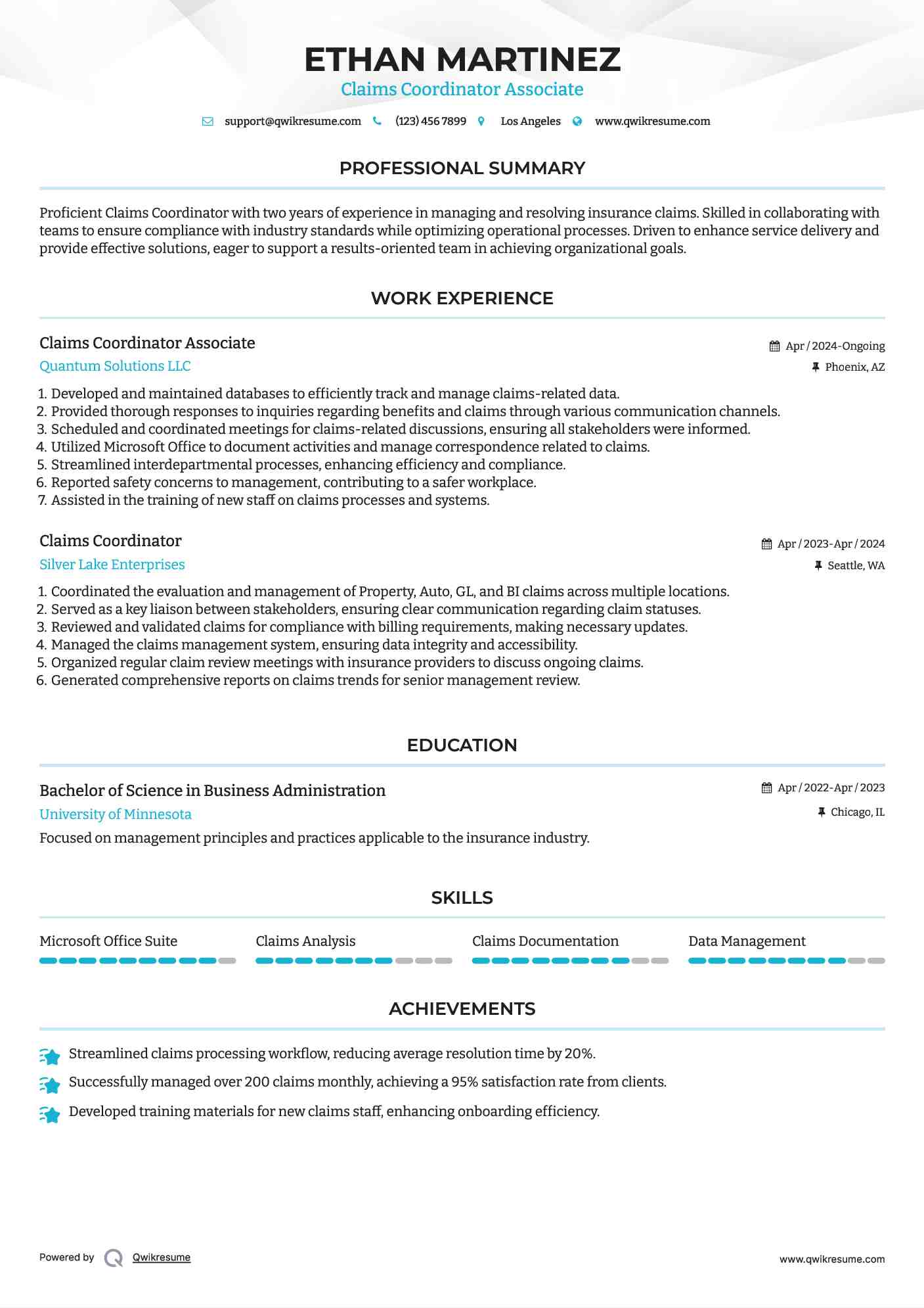 Claims Coordinator Associate Resume Format