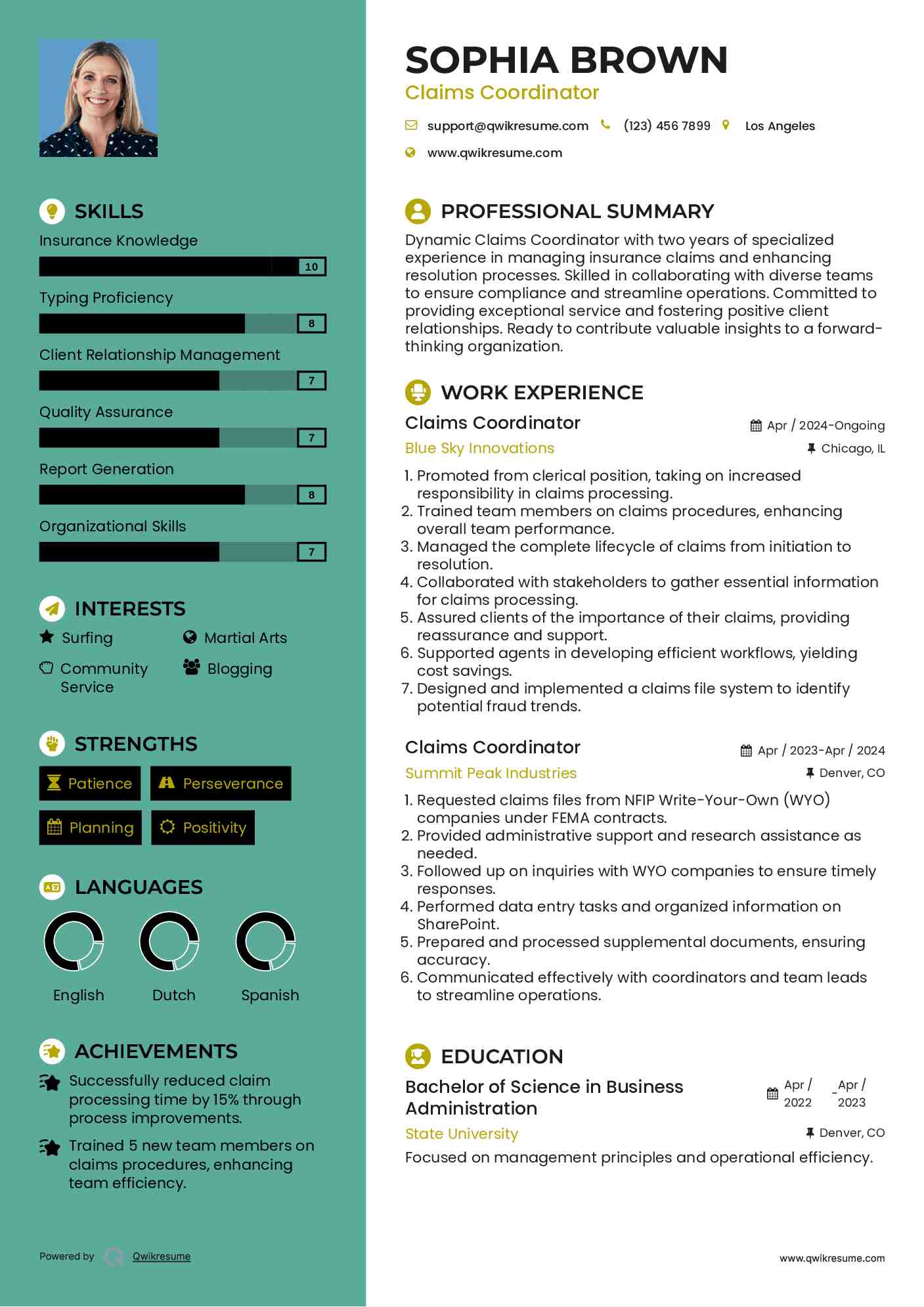 Claims Coordinator Resume Example