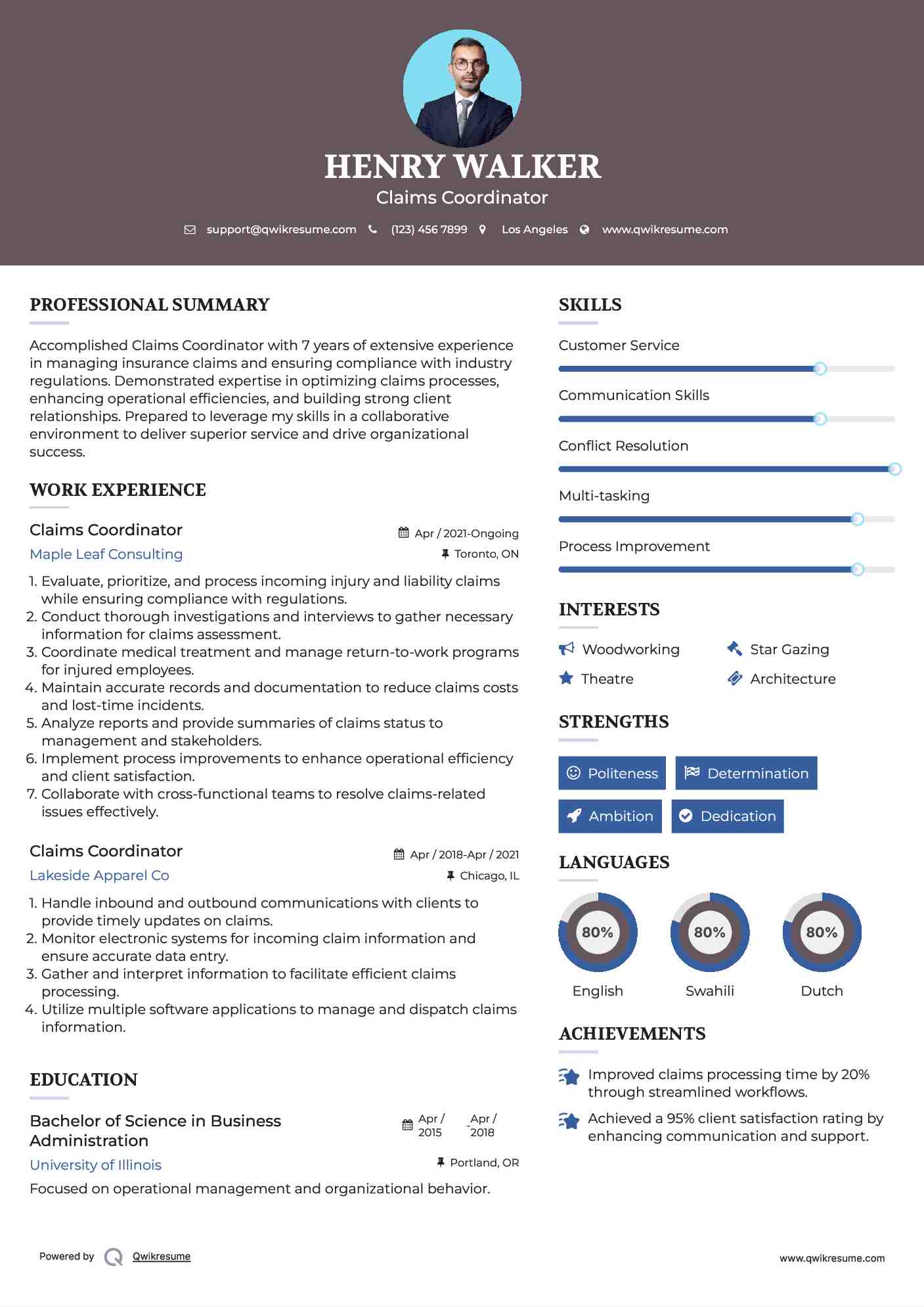 Claims Coordinator Resume Example