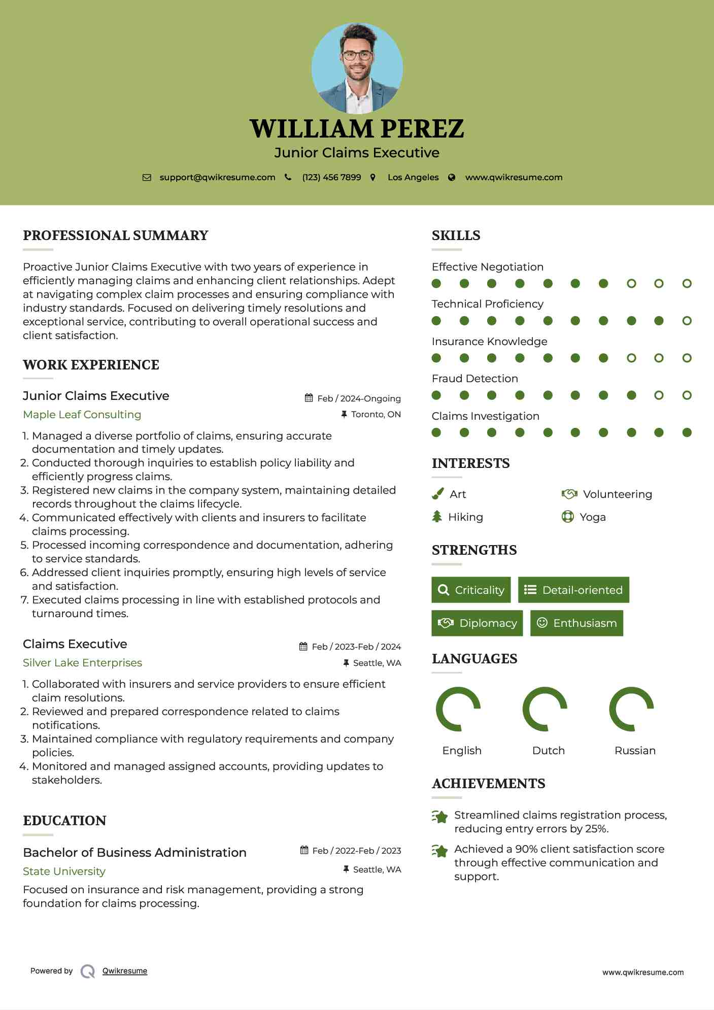 Junior Claims Executive Resume Example