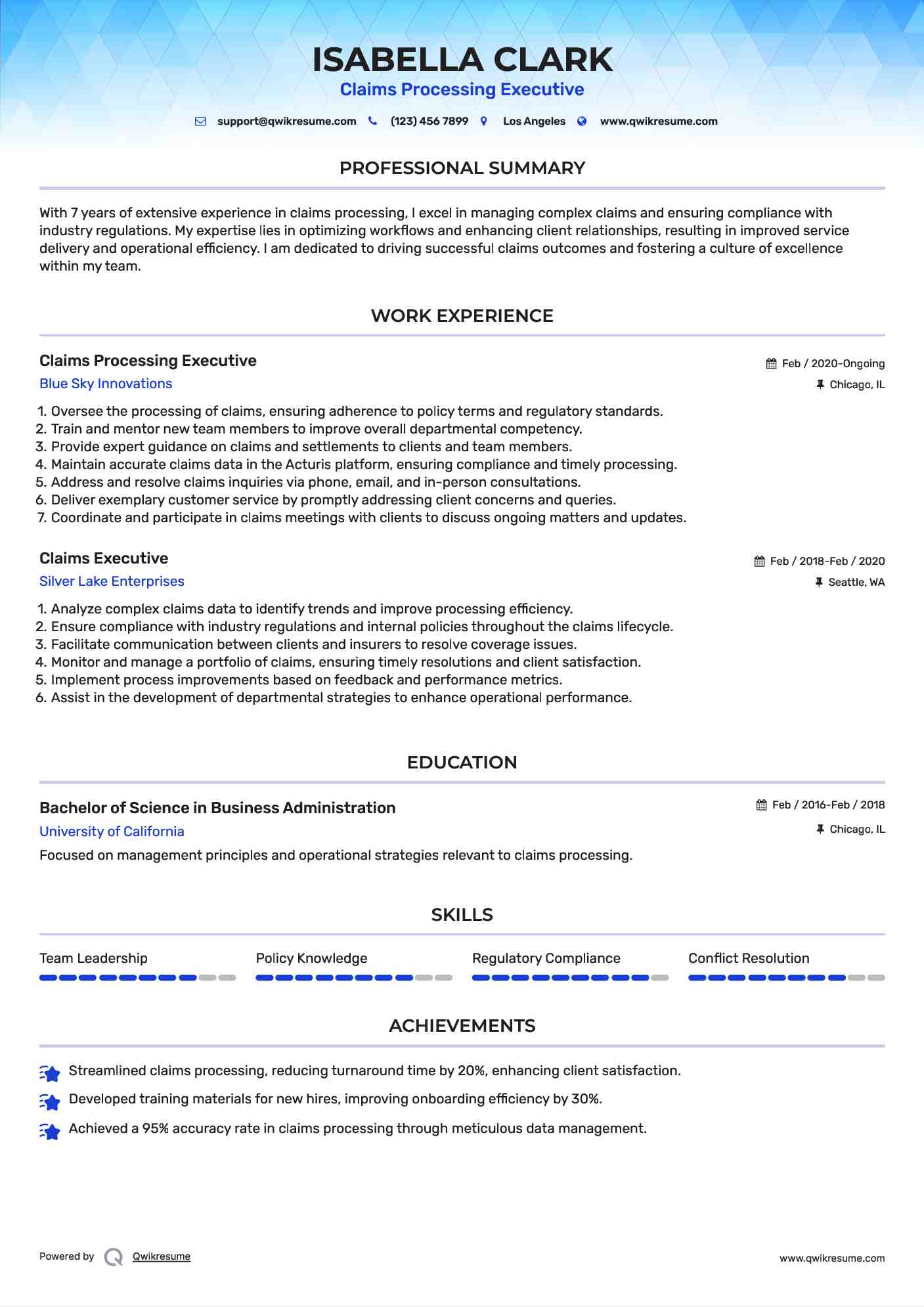 Claims Processing Executive Resume Model
